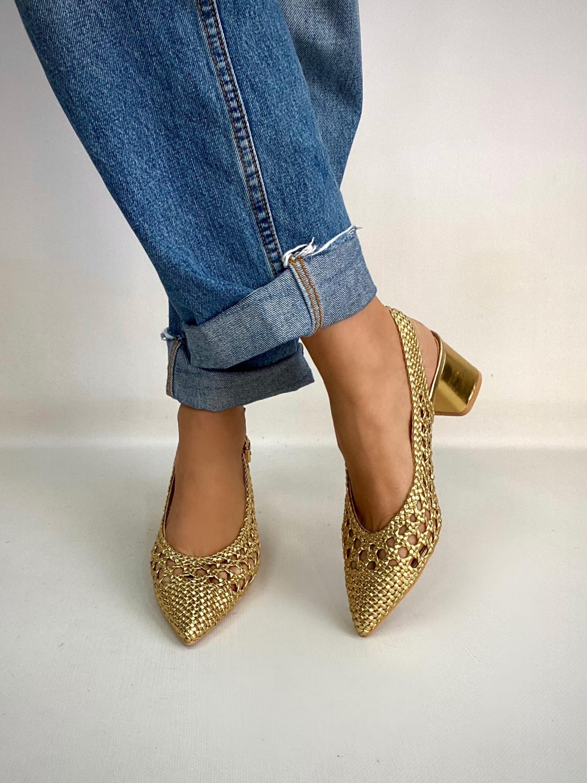 Slingback Rafia Comfort Medium Heels- Oro