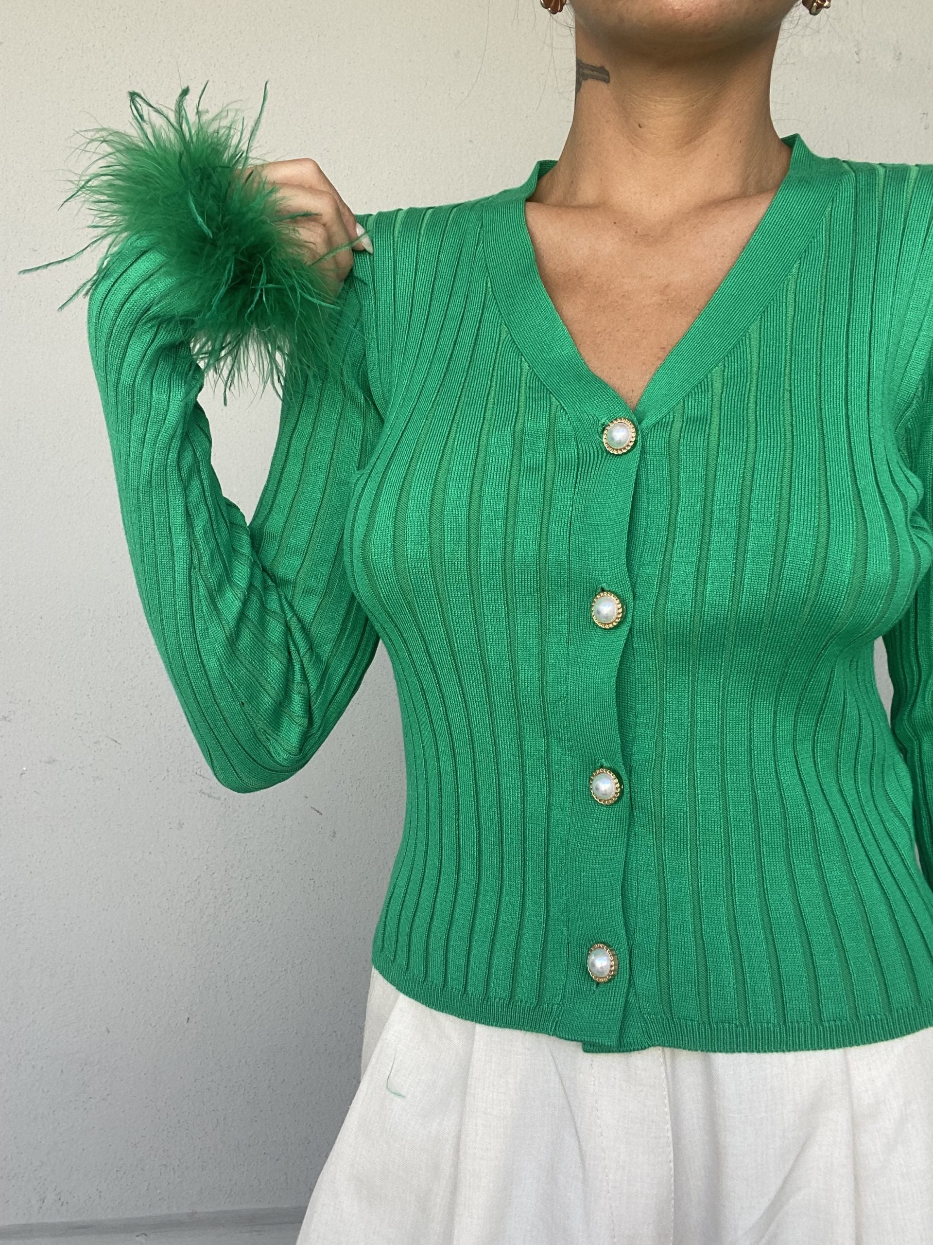 Cardigan Piume Bottoni Gioiello - Verde