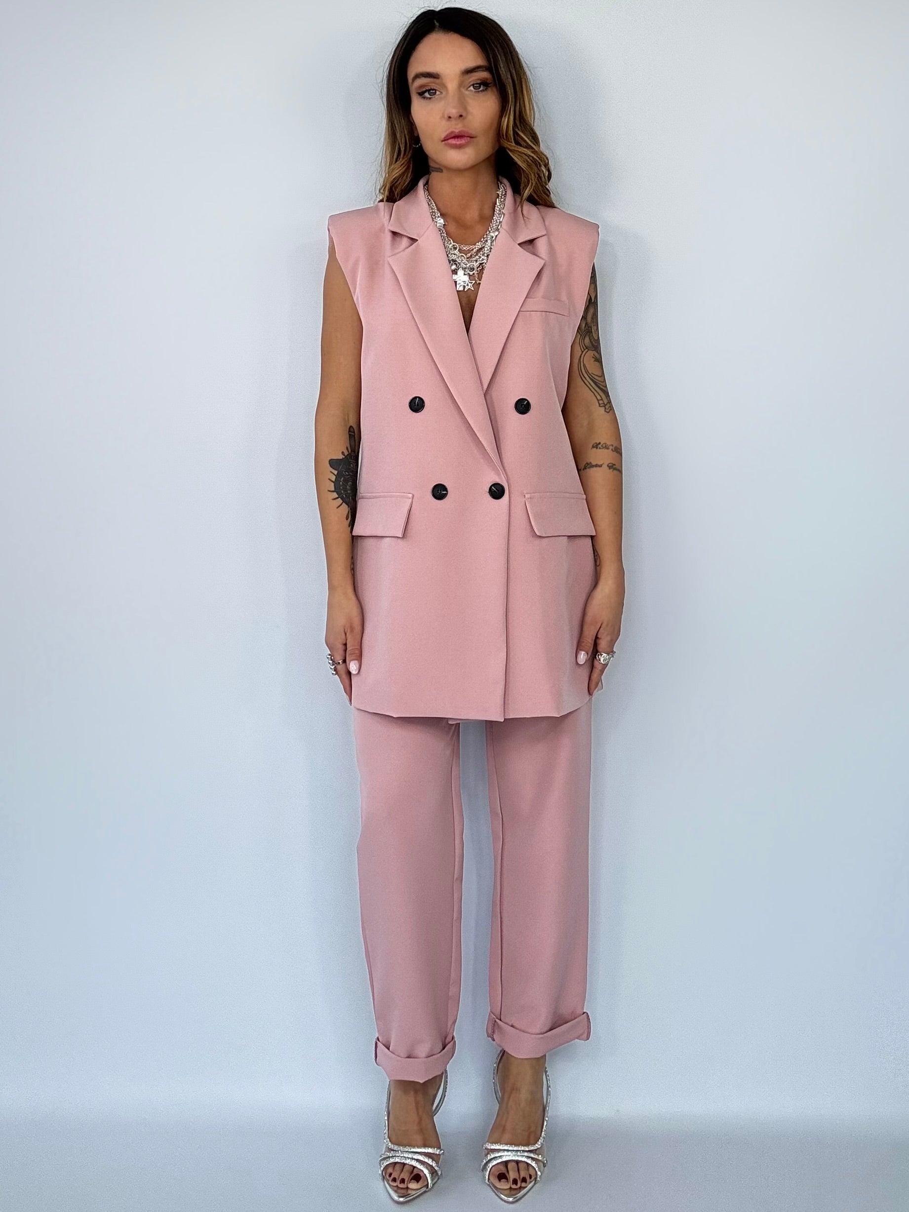 Completo Gilet Over e Pantaloni Pinces - Rosa Antico