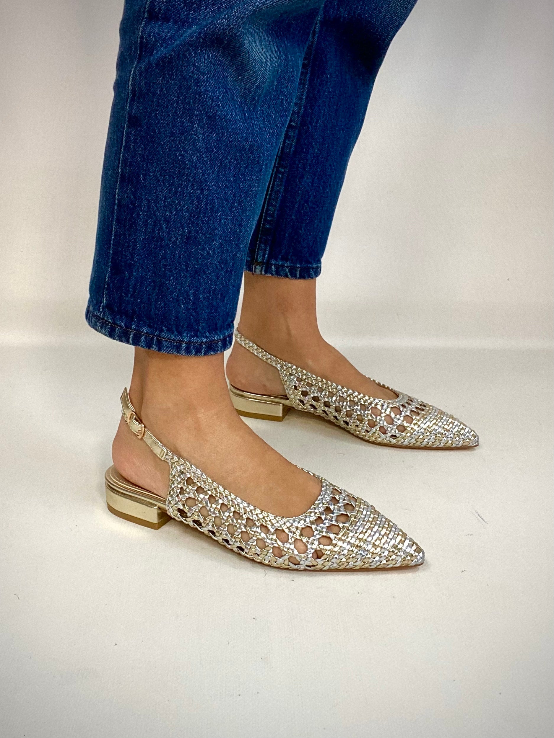 Slingback Flat Rafia - Argento / Oro
