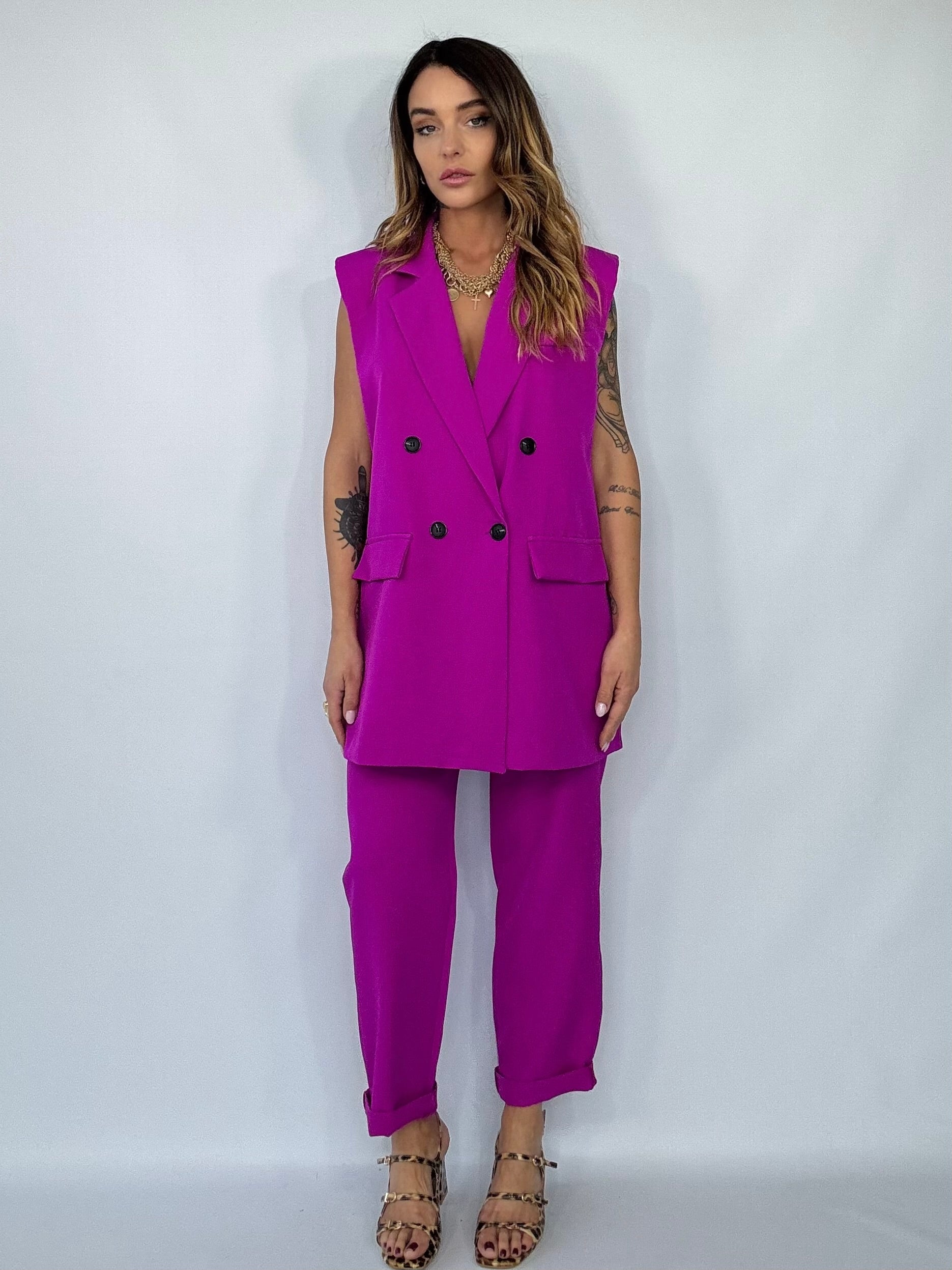 Completo Gilet Over e Pantaloni Pinces- Fucsia