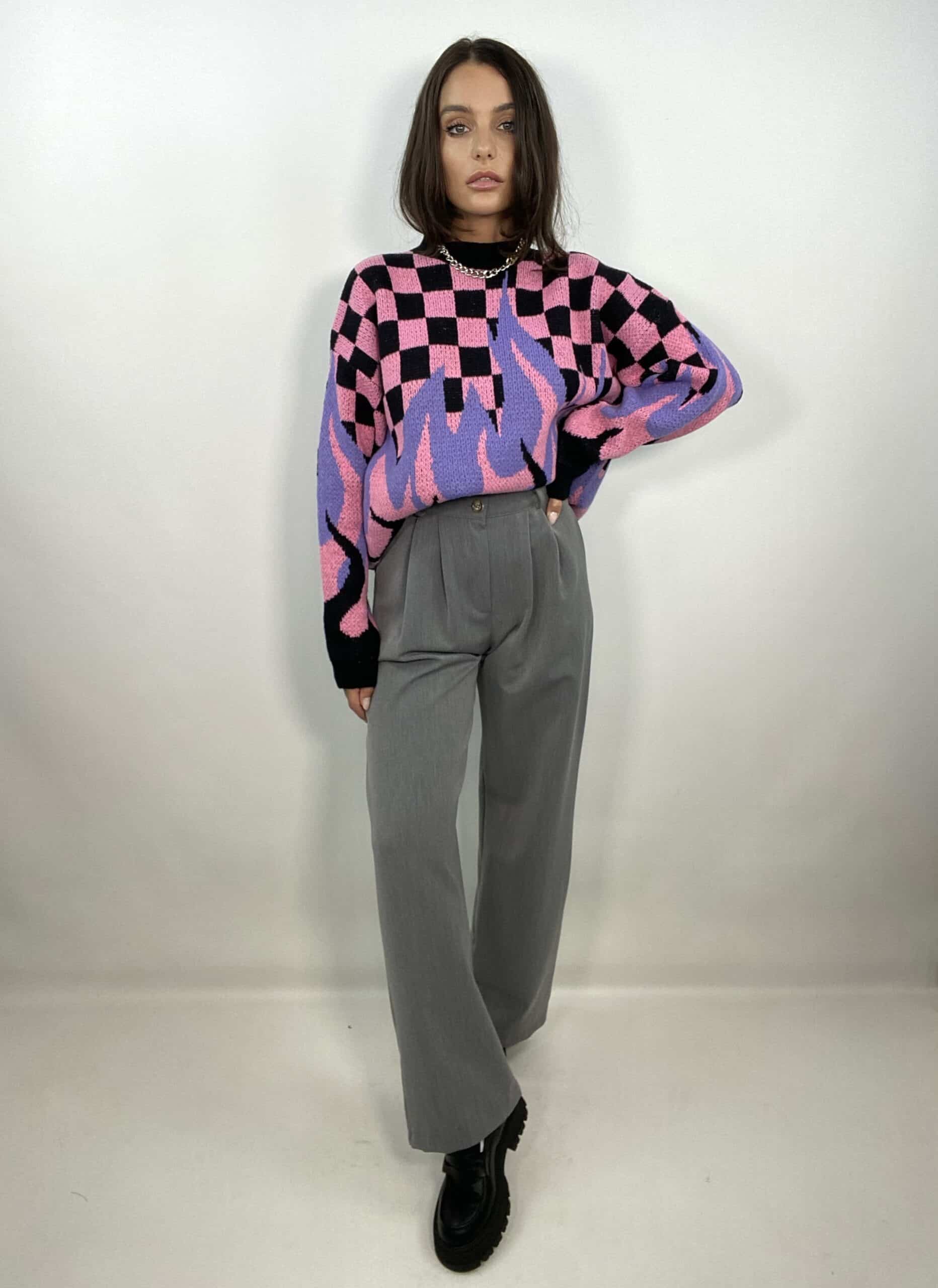 Pullover Con Scacchi e Fiamma - Rosa / Nero