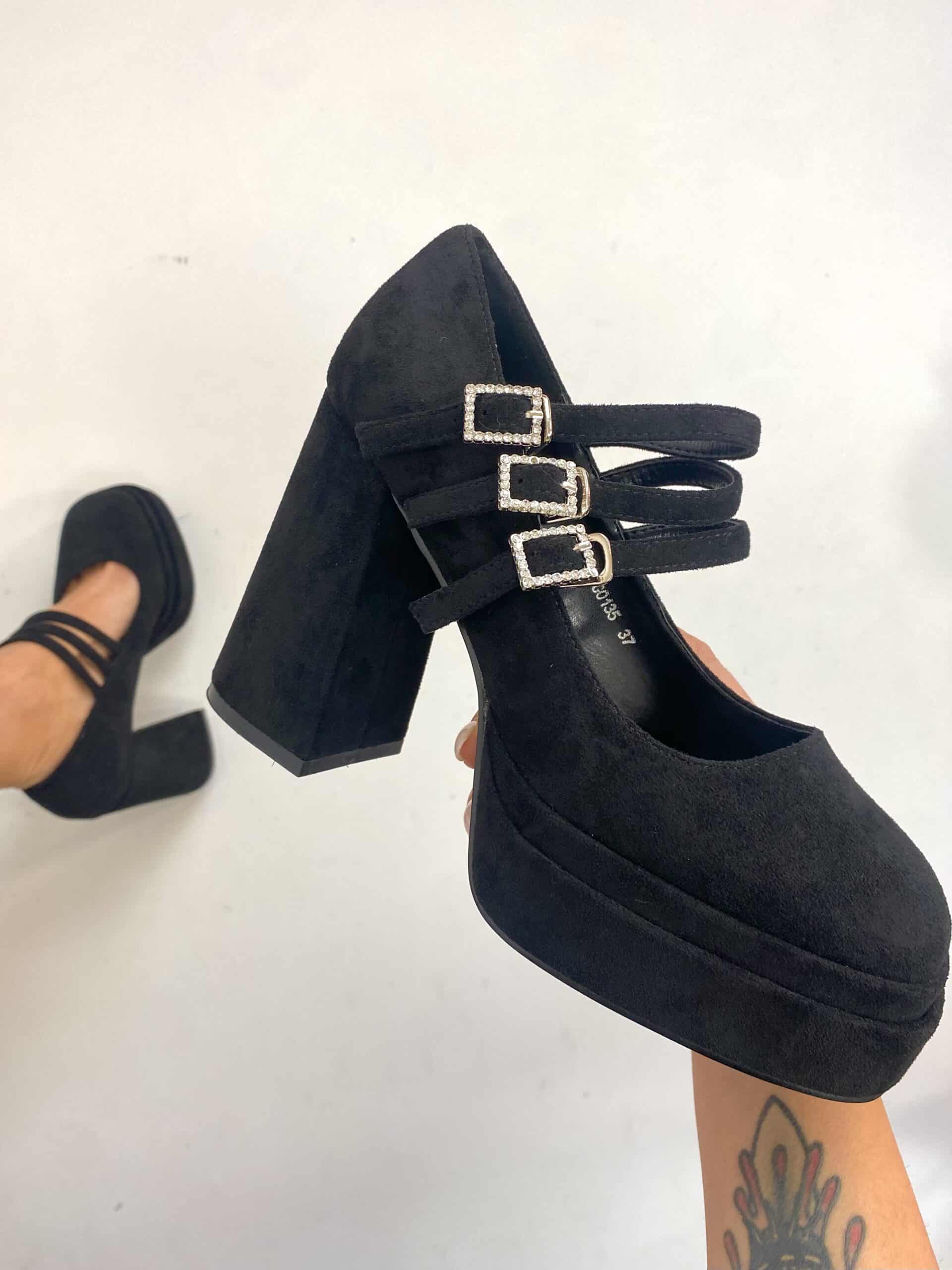 Mary Jane Tre Cinturini Strass - Camoscio Nero