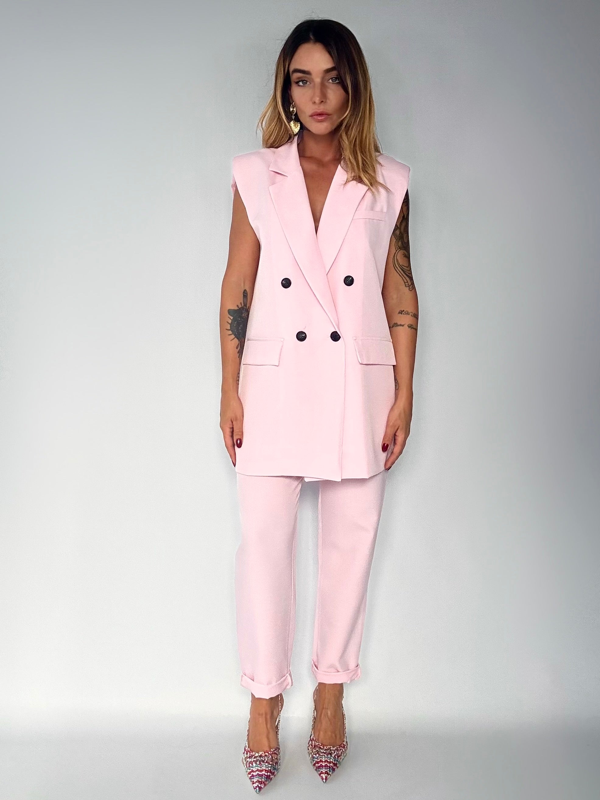 Completo Gilet Over e Pantaloni Pinces - Rosa Baby