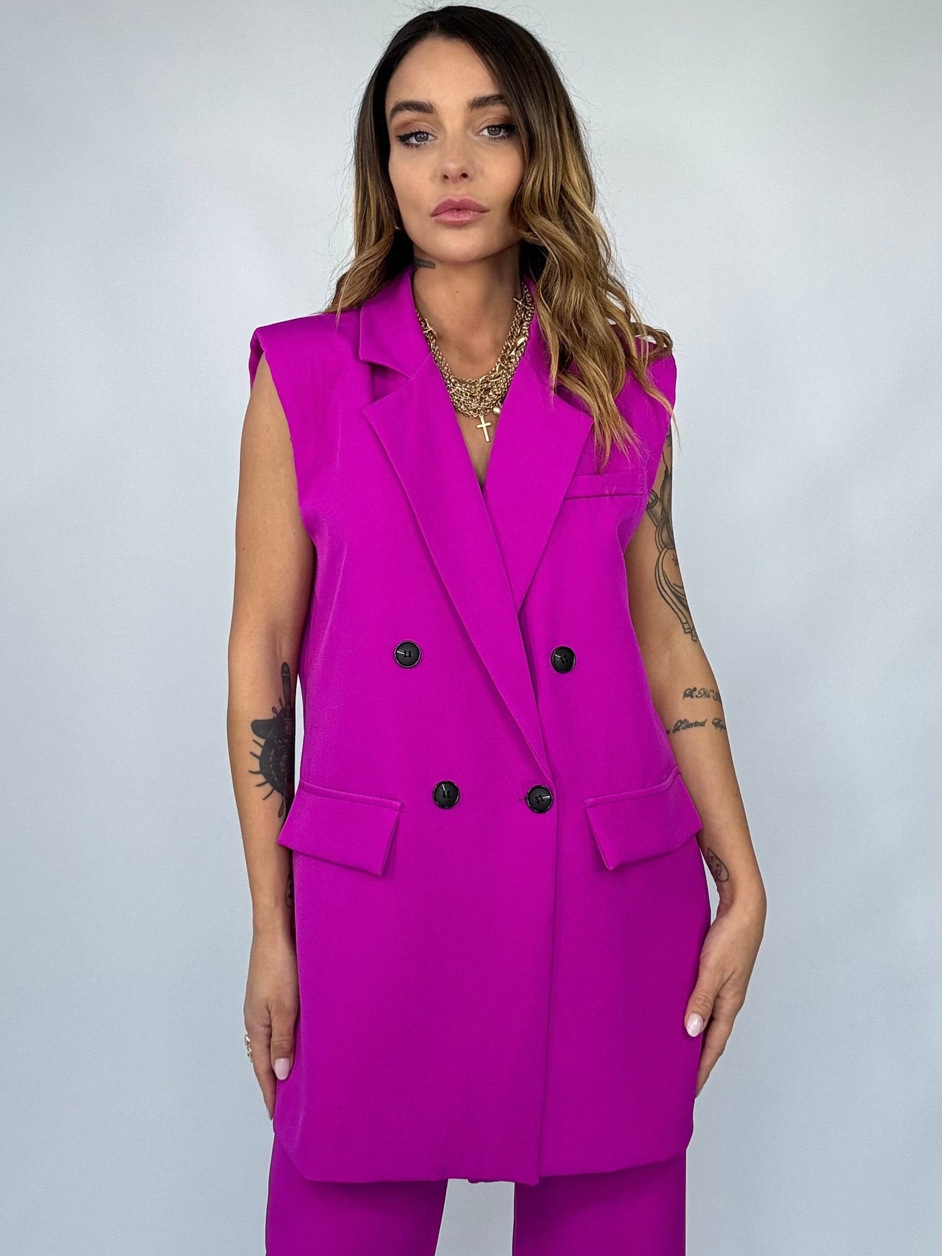 Completo Gilet Over e Pantaloni Pinces- Fucsia