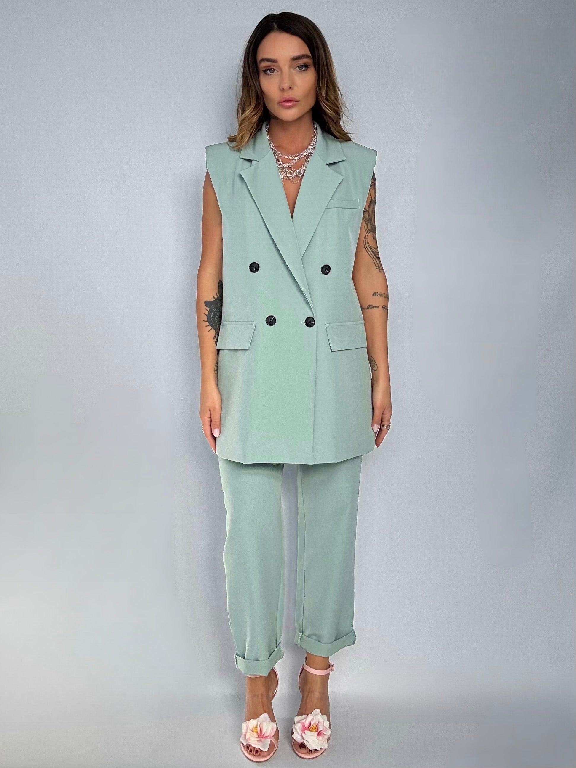 Completo Gilet Over e Pantaloni Pinces - Verde Salvia