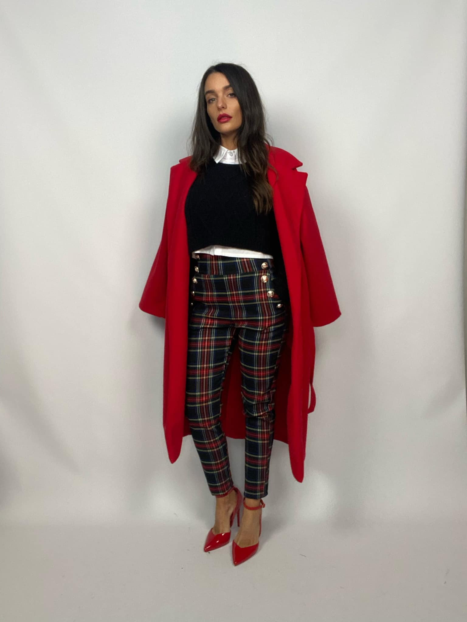 Pantaloni Tartan Bottoni Gioiello - Nero