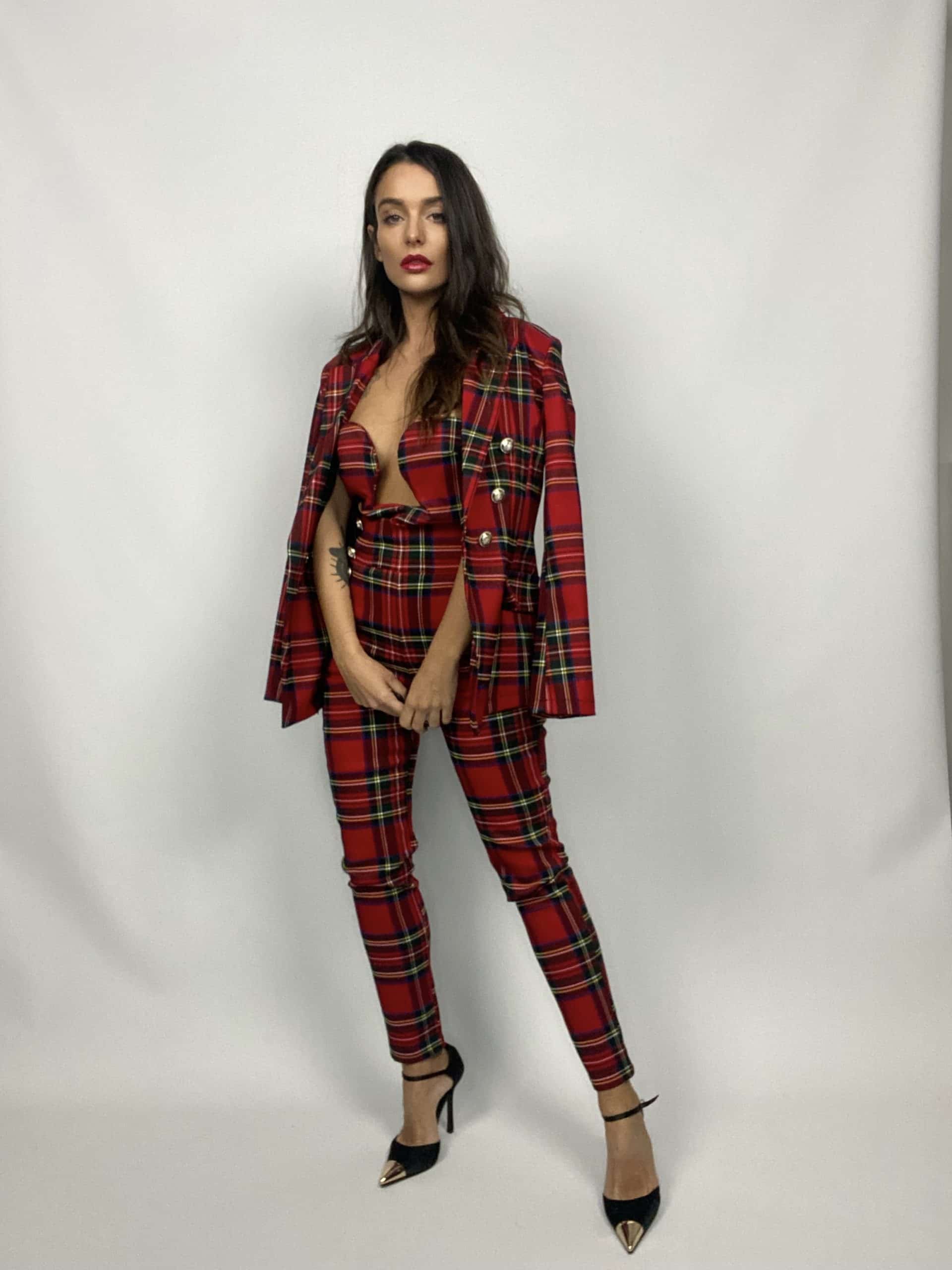 Pantaloni Tartan Bottoni Gioiello - Rosso