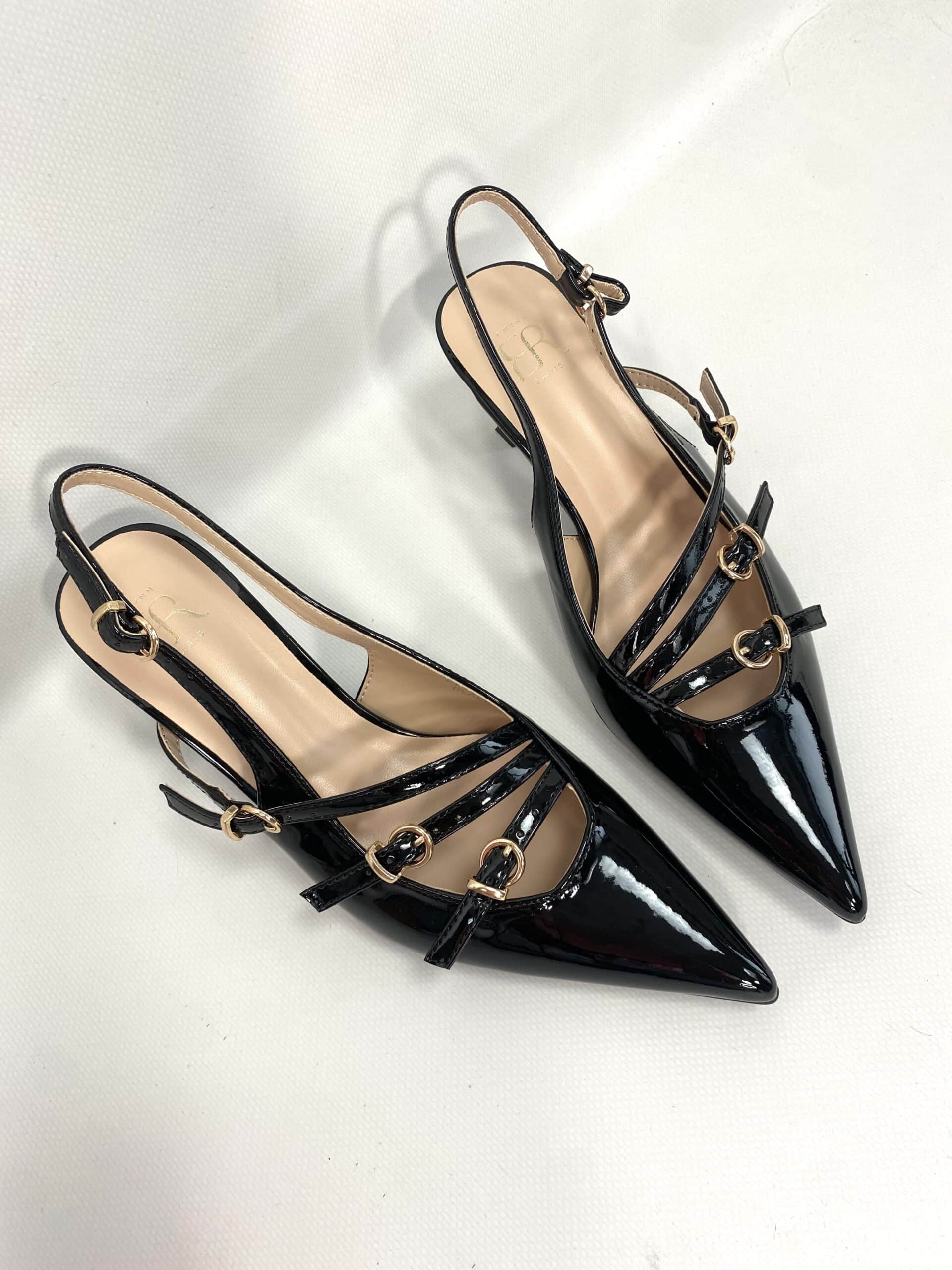 New Slingback con Cinturini e Fibbie Tacco Medio - Nero Vernice