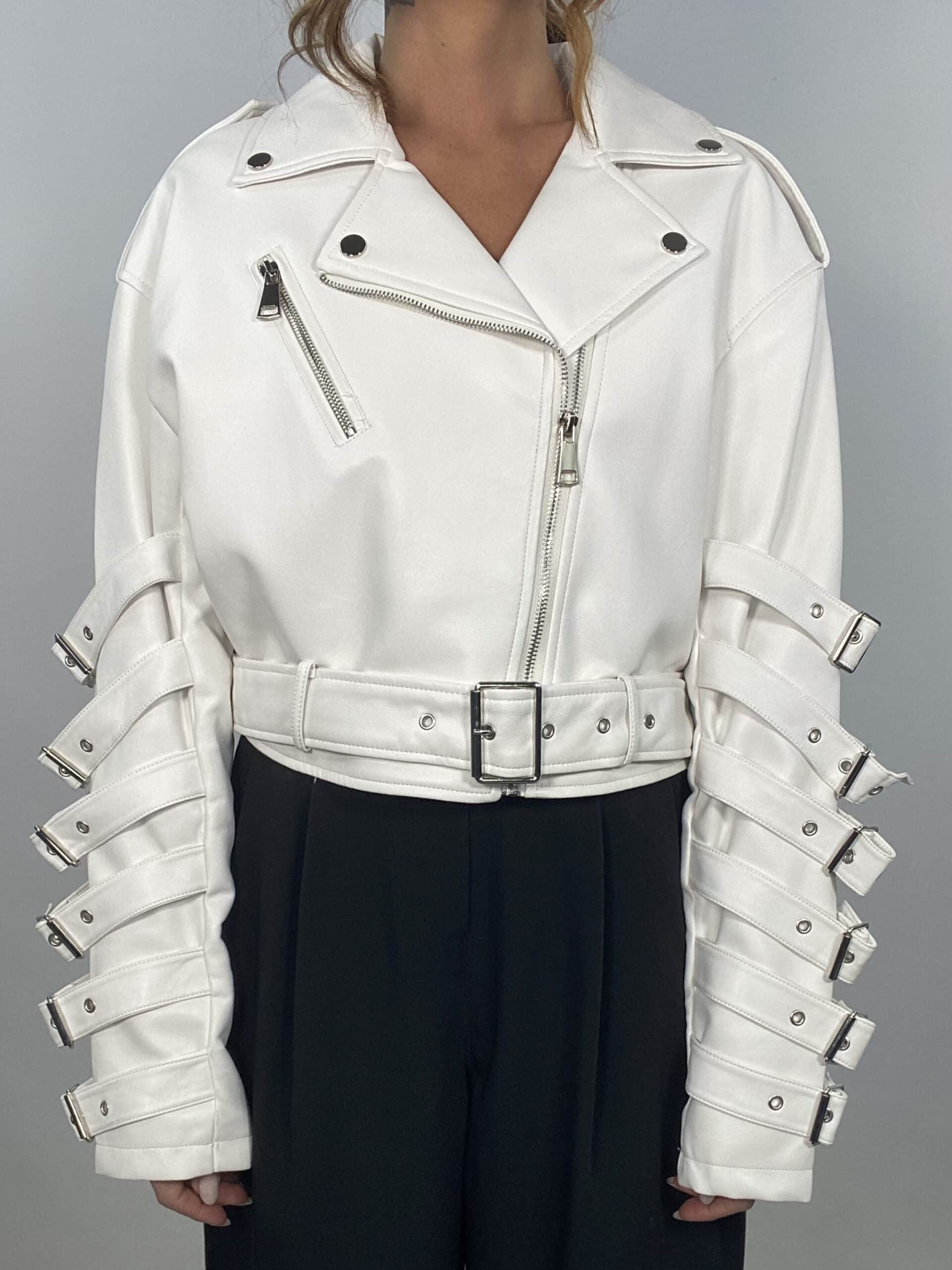 Chiodo Eco Pelle Crop con Fibbie  - Bianco