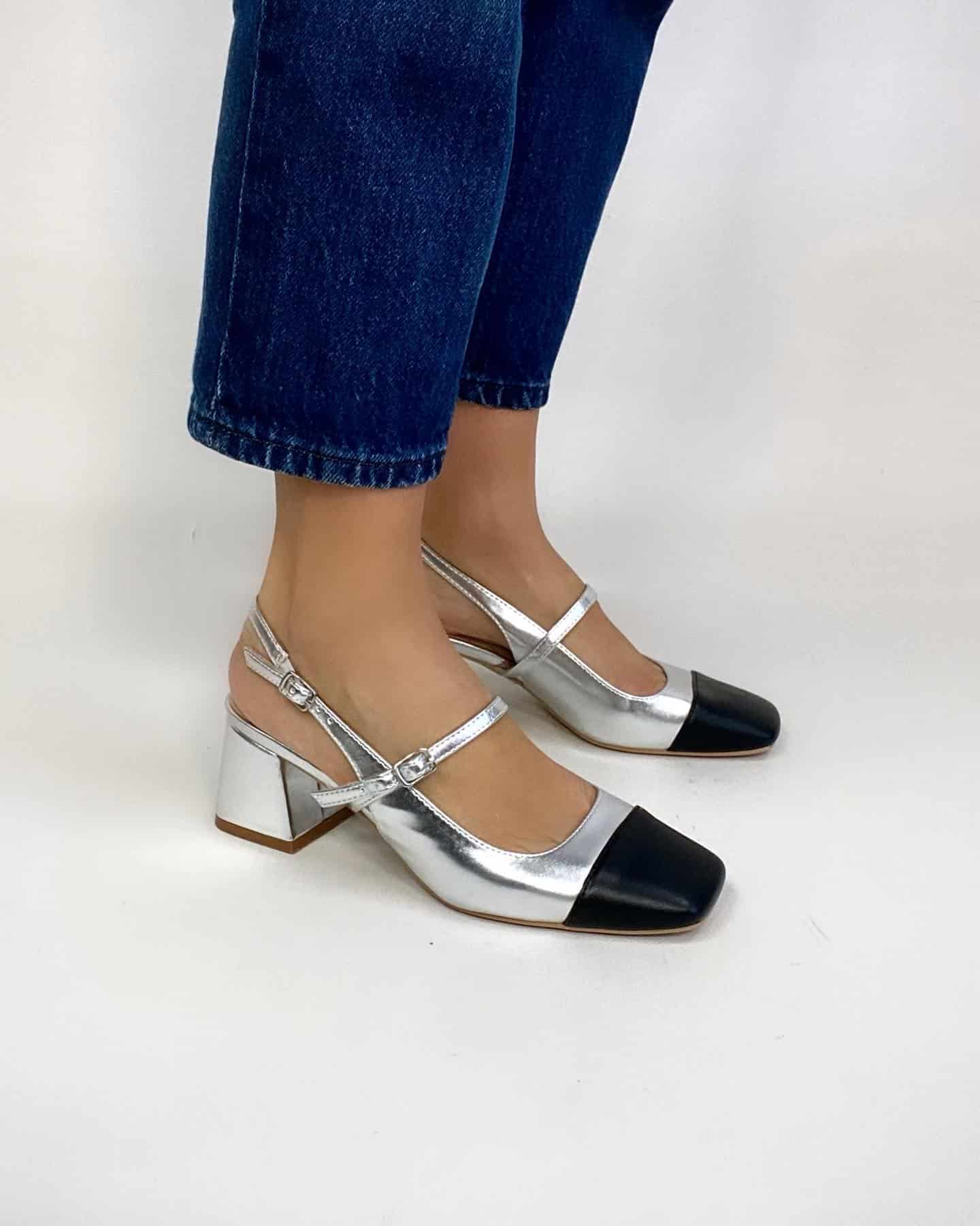 Mary Jane Medium Heels  - Bicolor Argento / Nero
