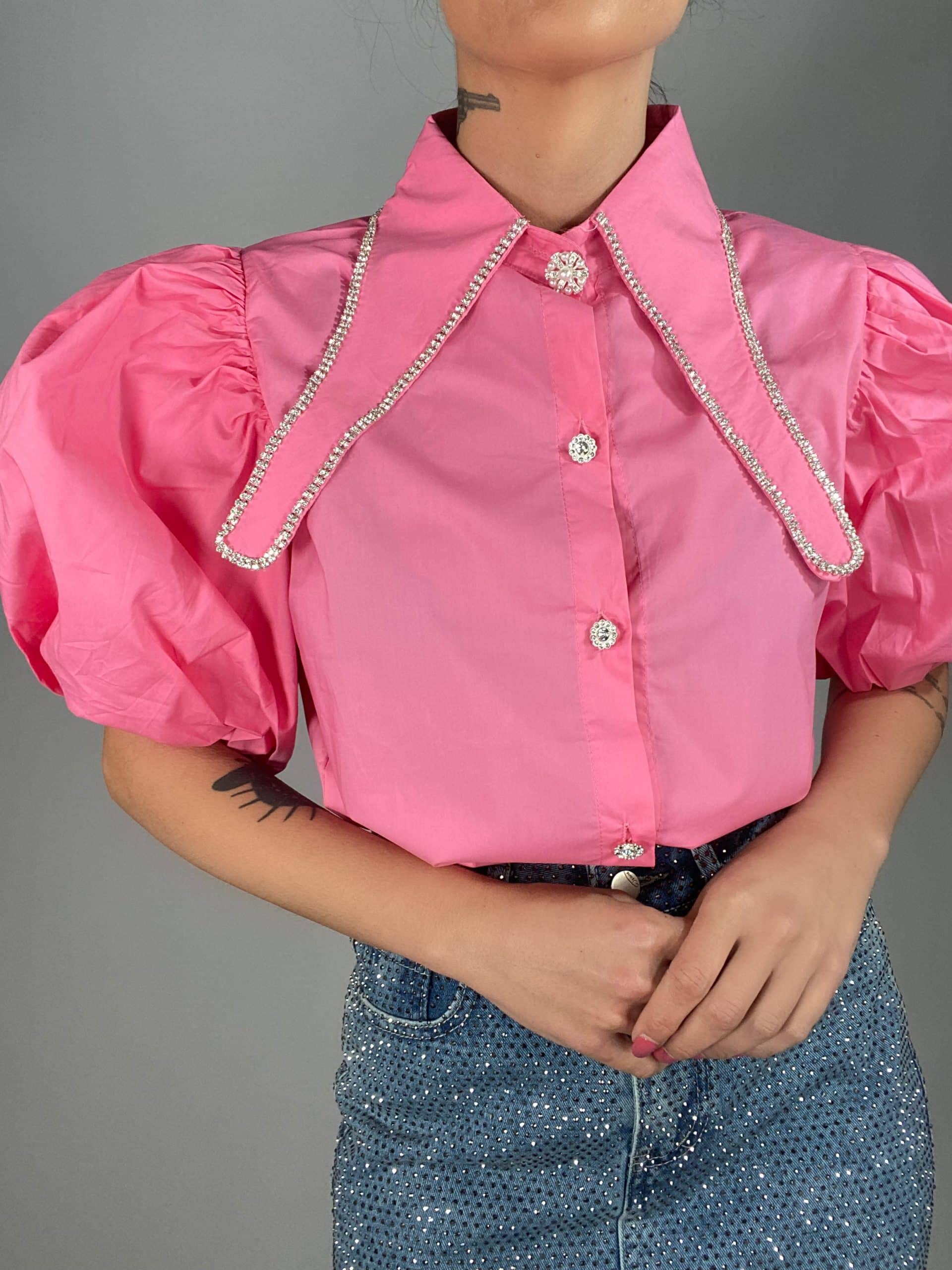 Camicia Maniche Palloncino Maxi Colletto con Strass - Rosa