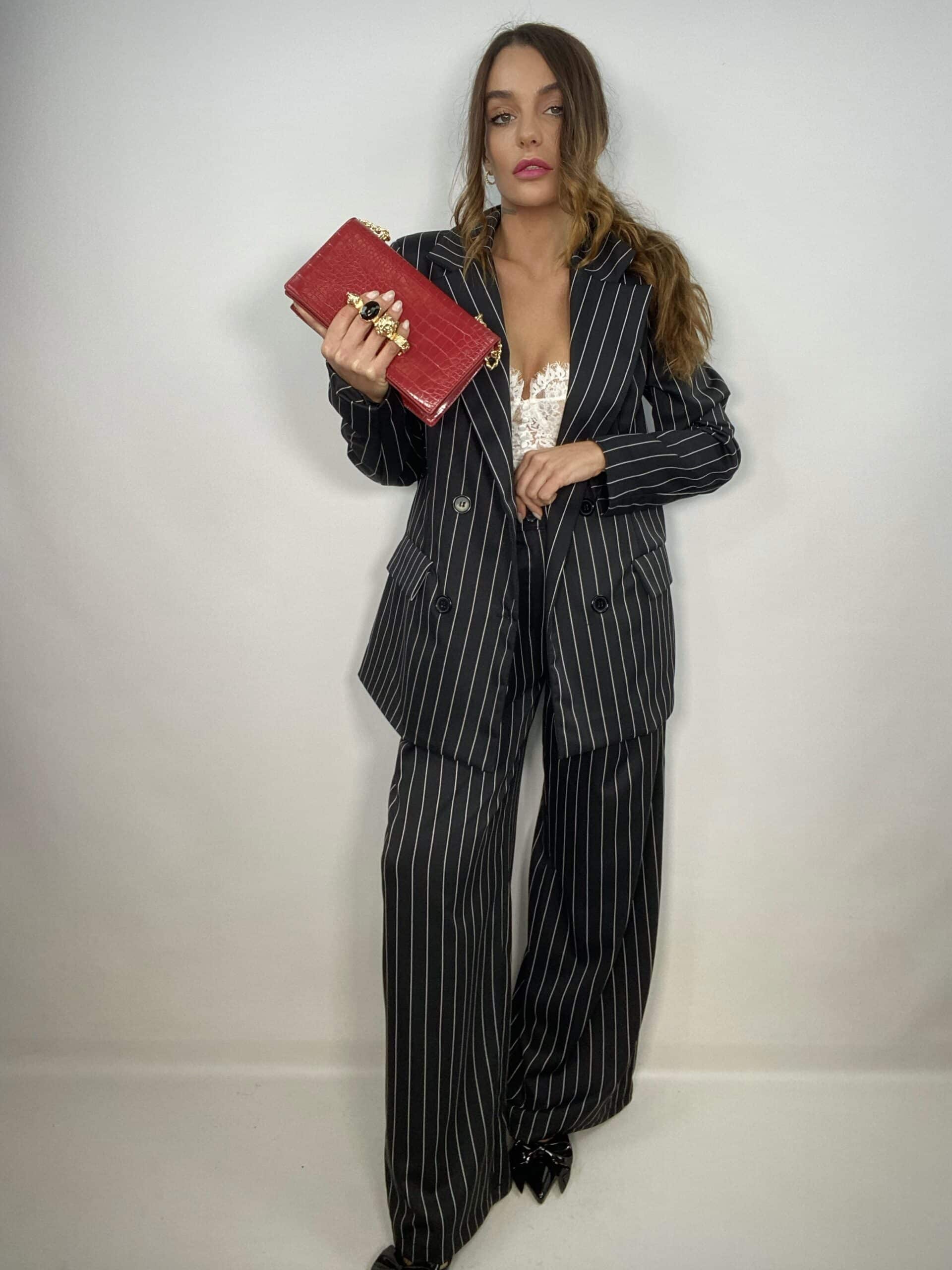 Completo Gessato Doppio Petto Pantaloni Ampi - Nero