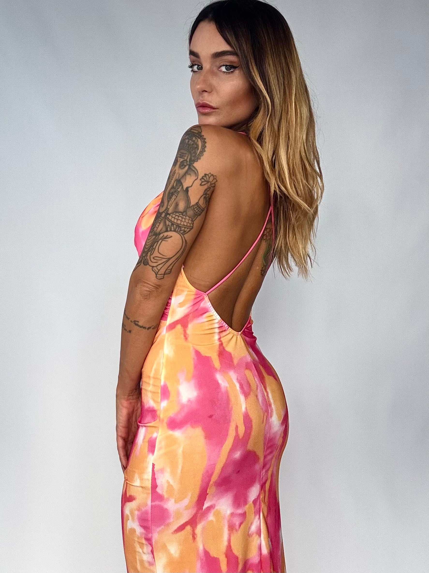 Maxi Dress Shadow Vneck - Rosa / Giallo