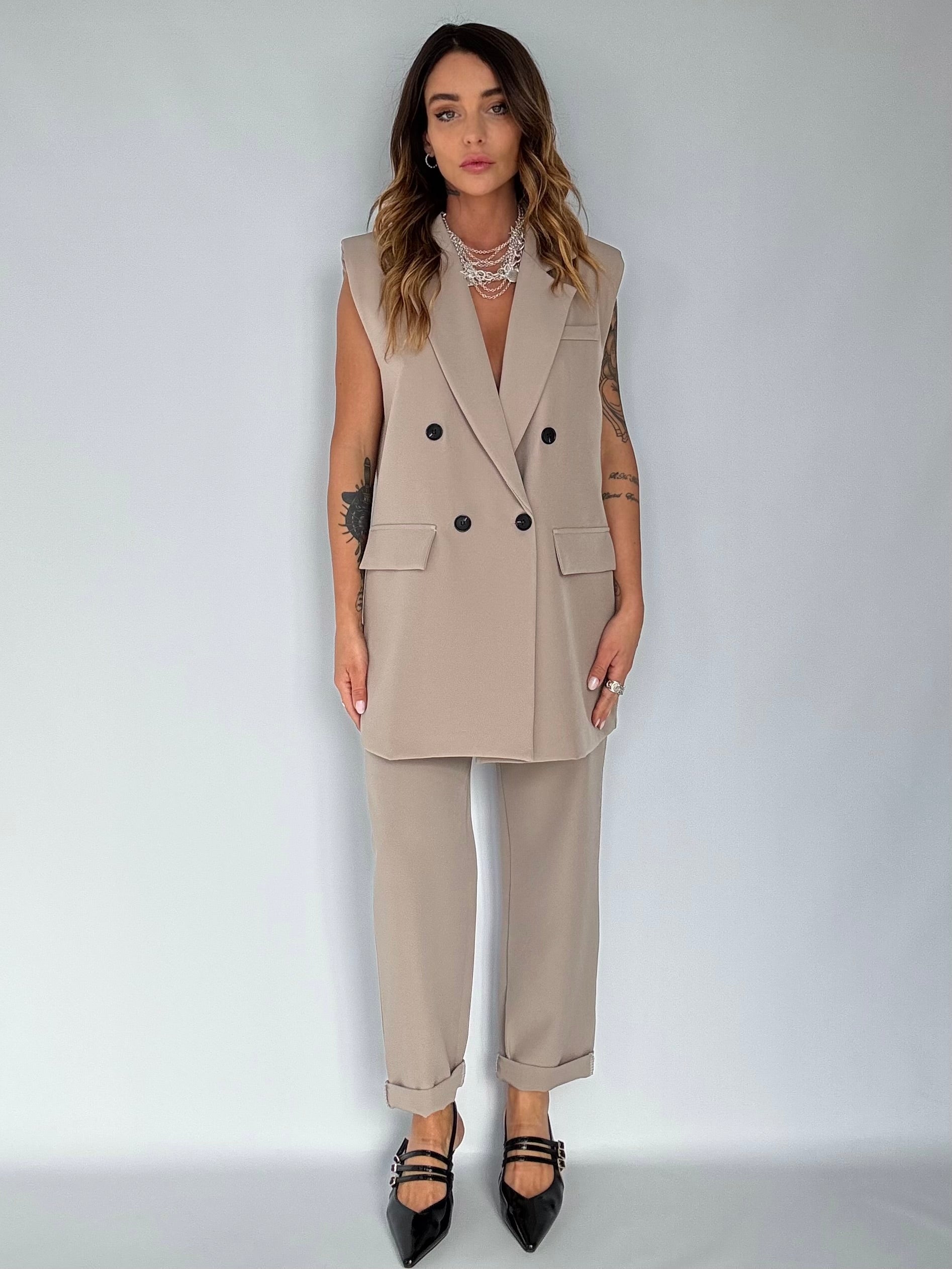 Completo Gilet Over e Pantaloni Pinces - Tortora