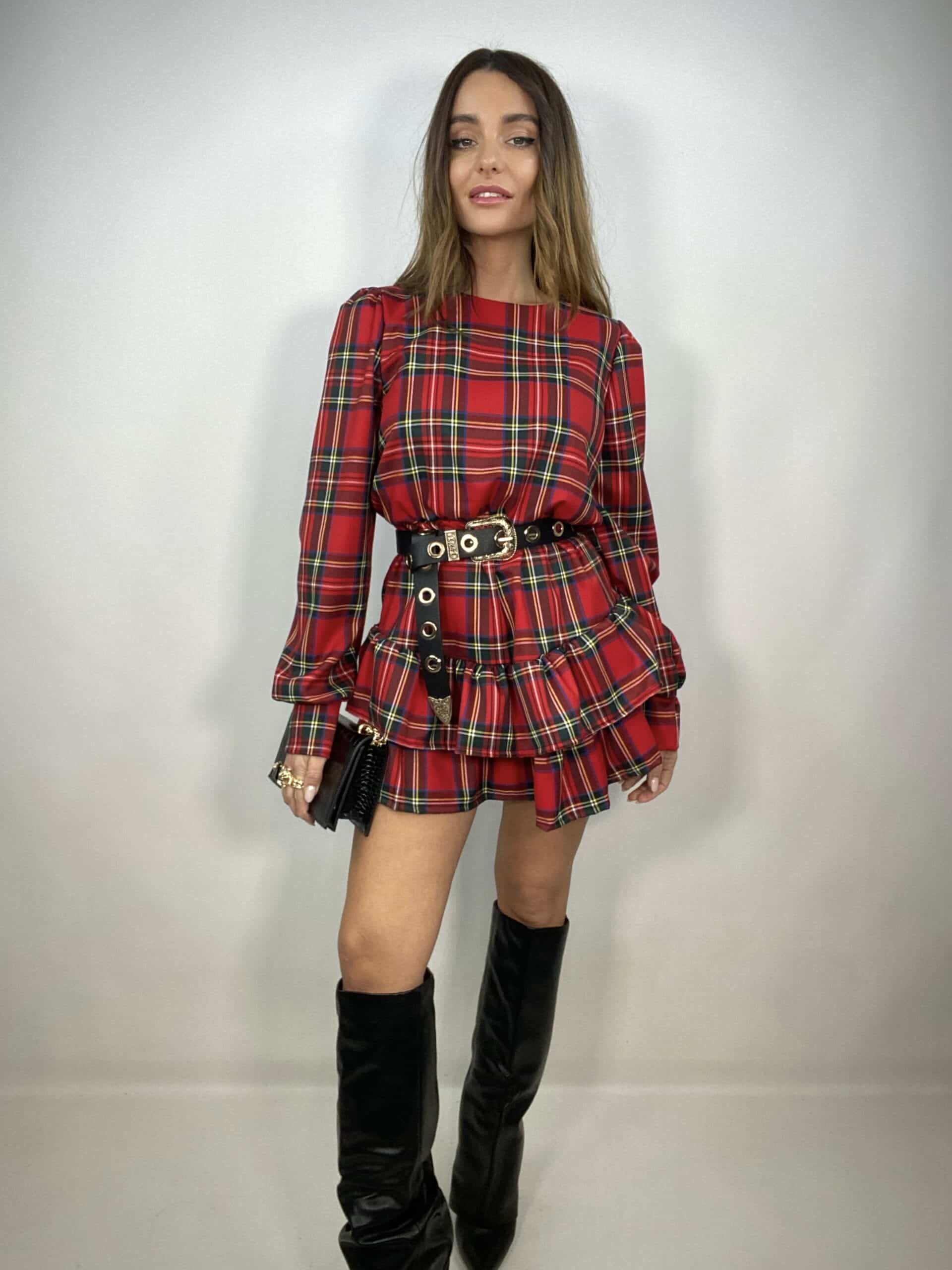 Mini Dress Tartan Con Balze - Rosso.