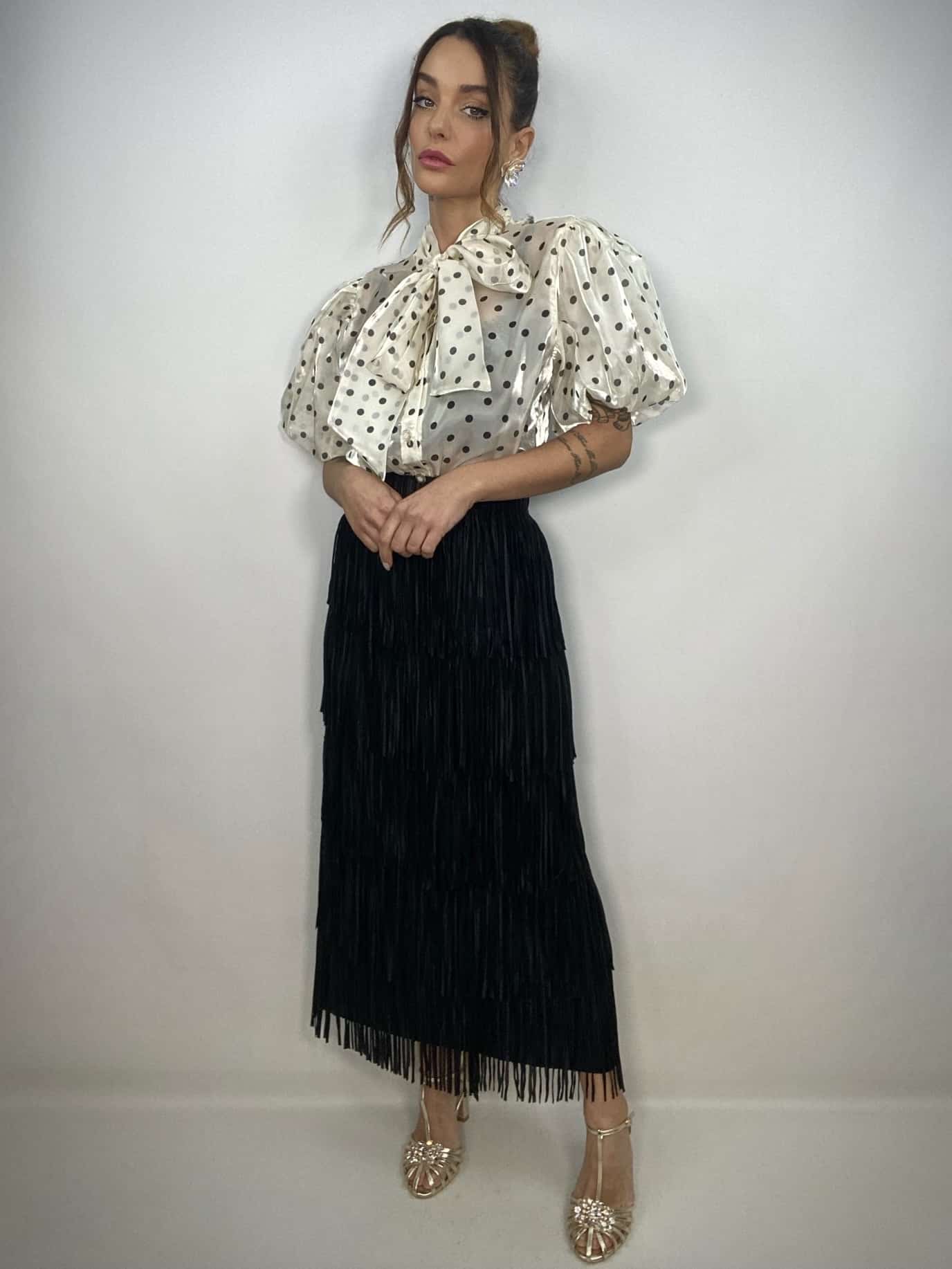 Camicia Pois Con Maniche a Palloncino e Fiocco - Panna / Nero