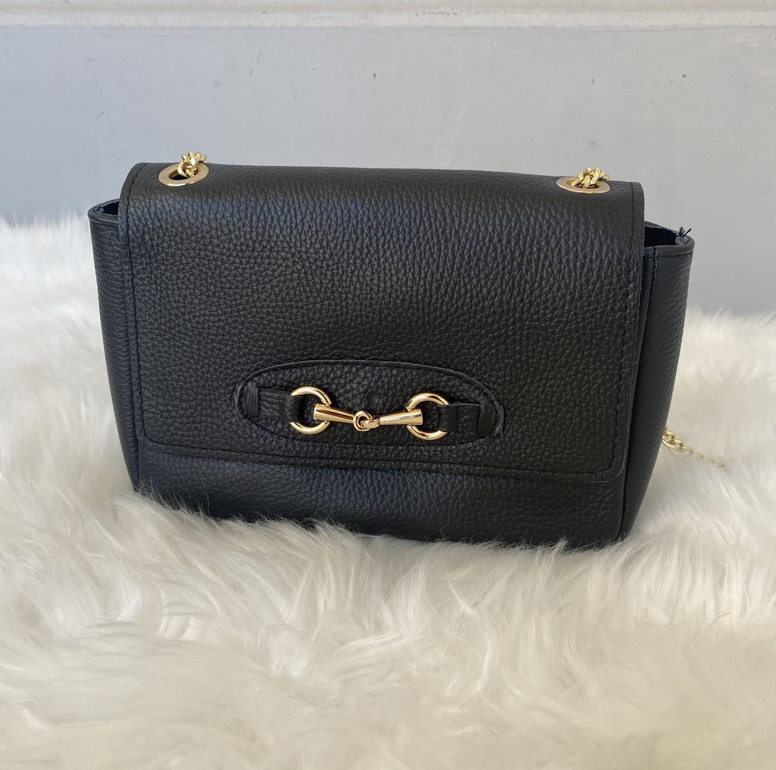 Borsa Vera Pelle Morsetto Dorato -Nero