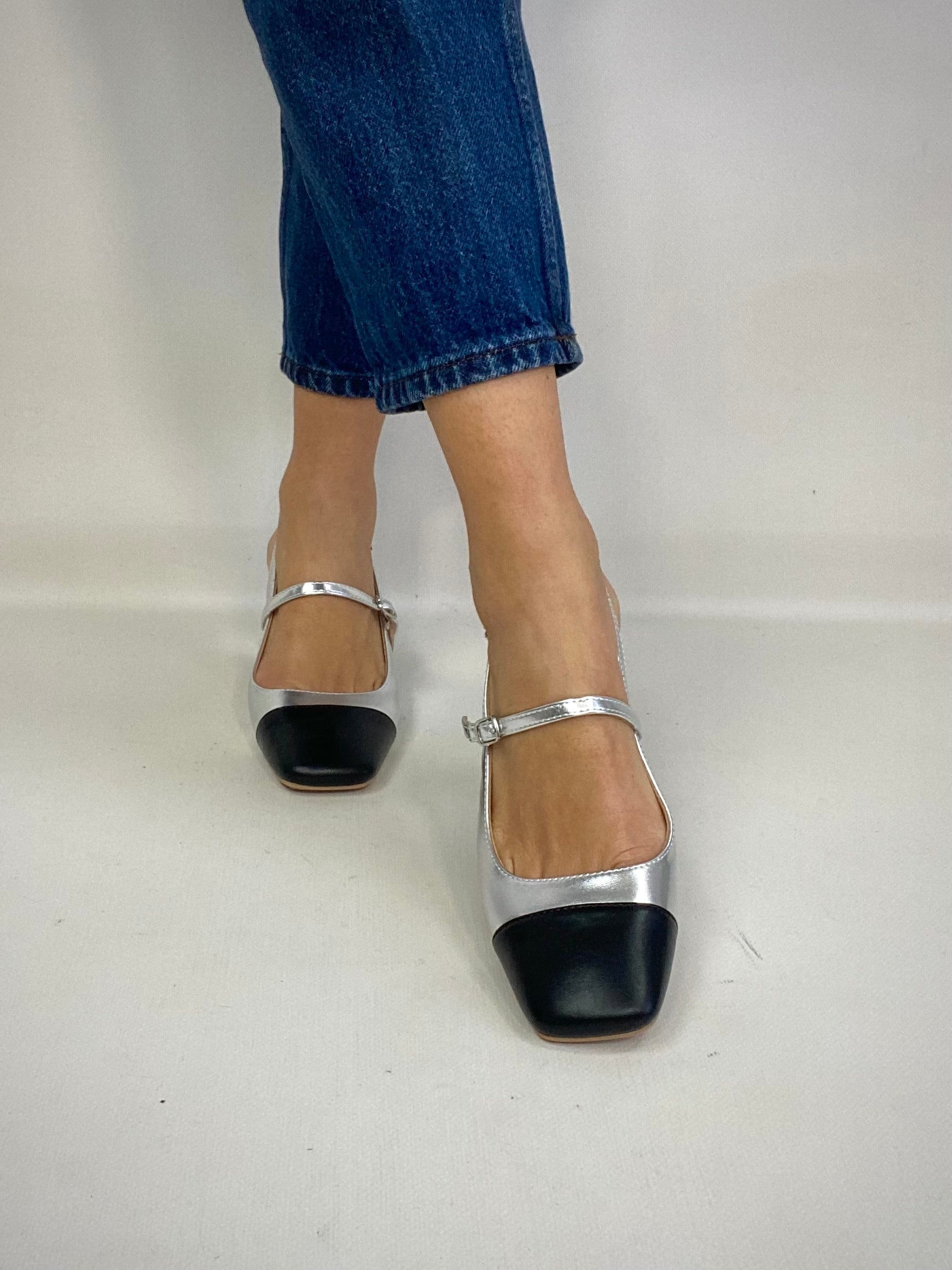 Mary Jane Medium Heels  - Bicolor Argento / Nero