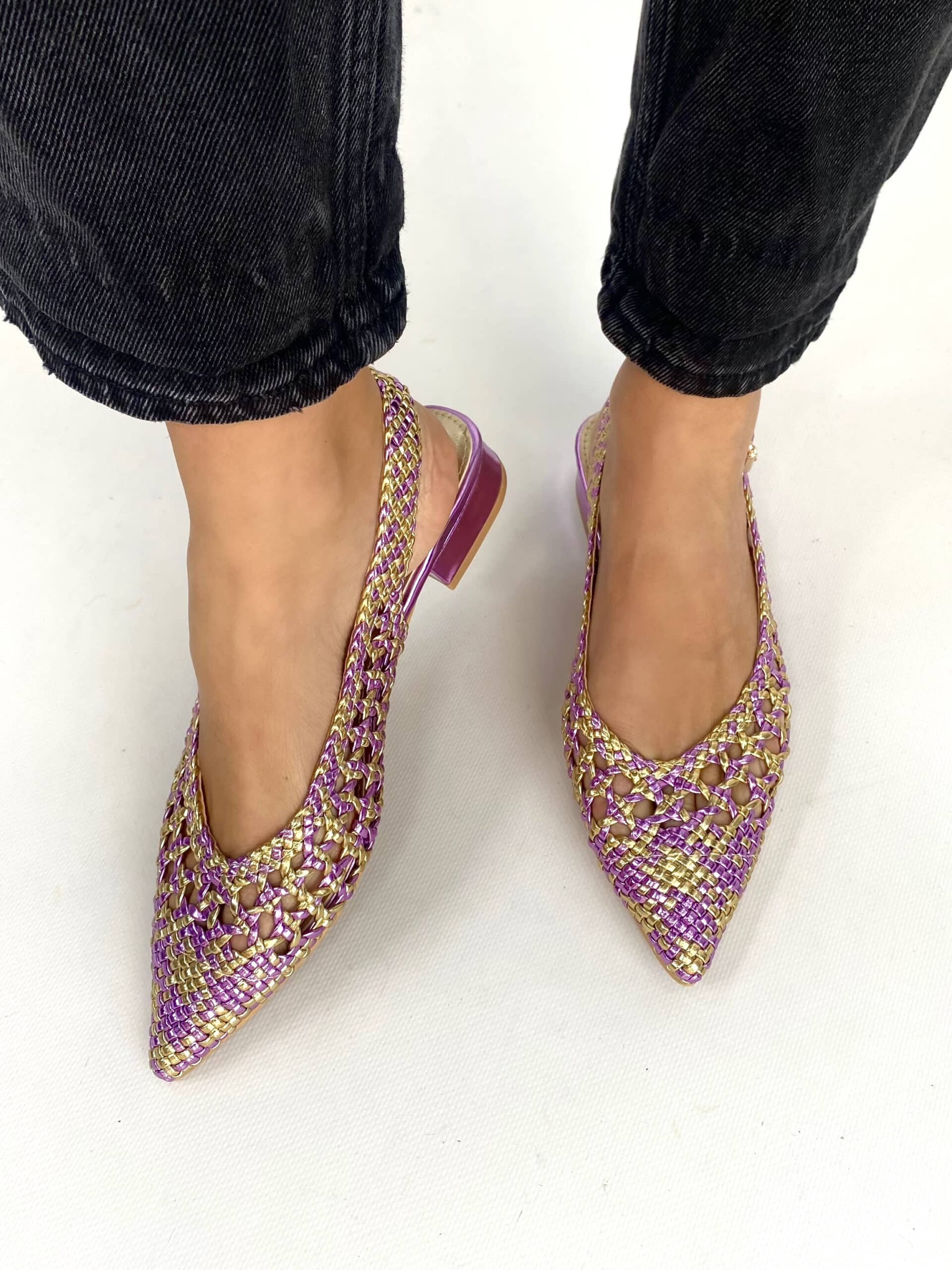 Slingback Flat Rafia 2.0 - Bicolor Oro / Lilla