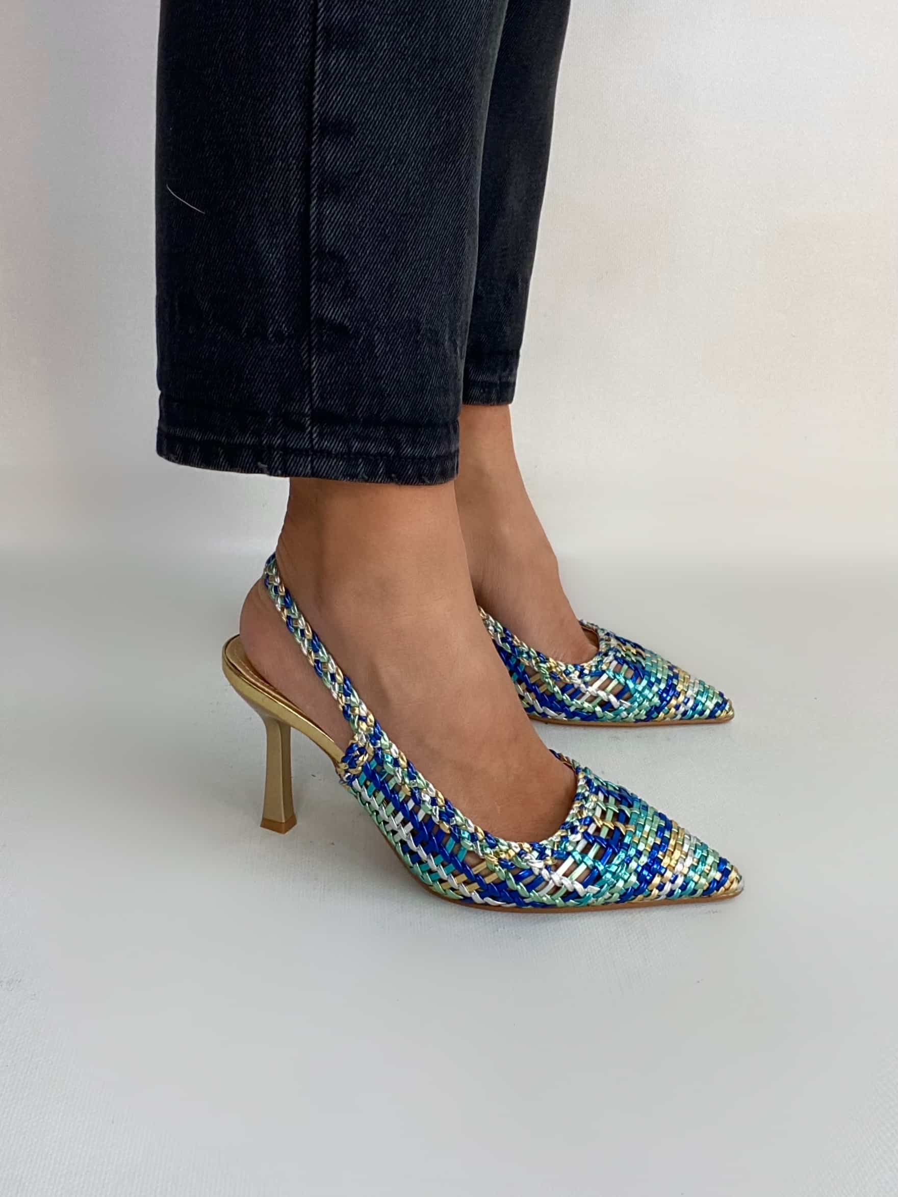 Slingback Rafia Medium Heels - Multicolor Blu / Oro