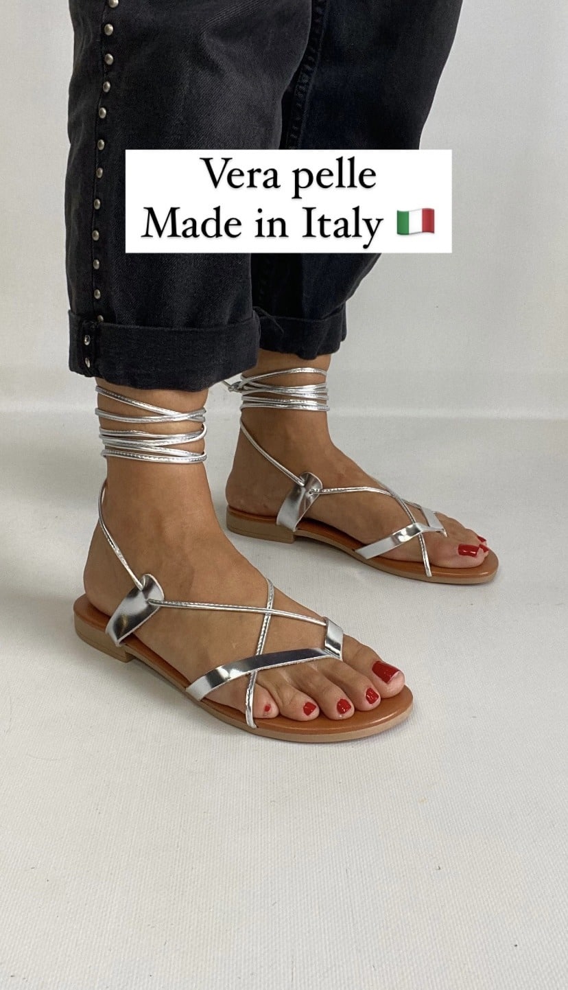 Sandali Alla Schiava Vera Pelle Made In Italy - Argento