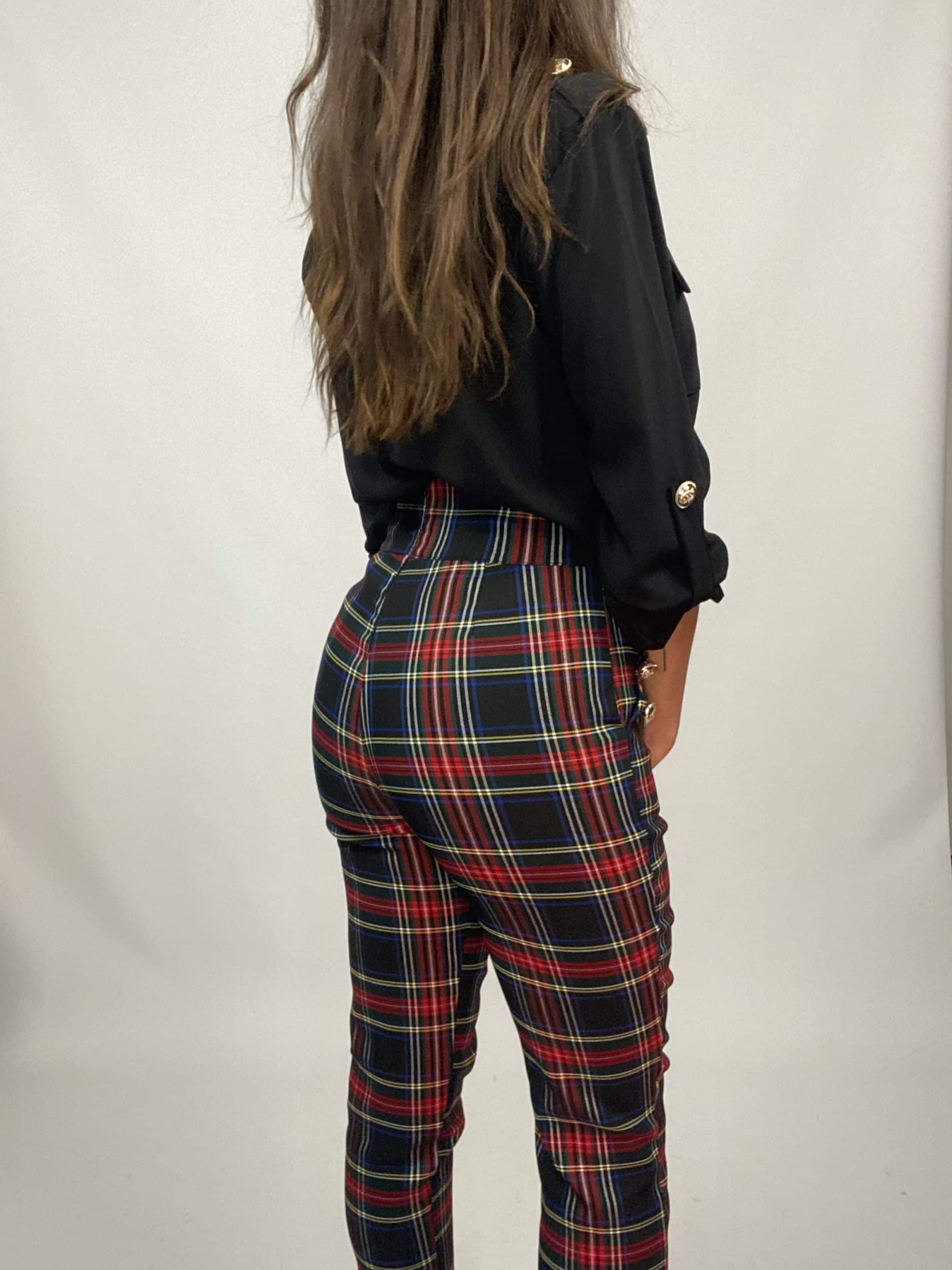 Pantaloni Tartan Bottoni Gioiello - Nero