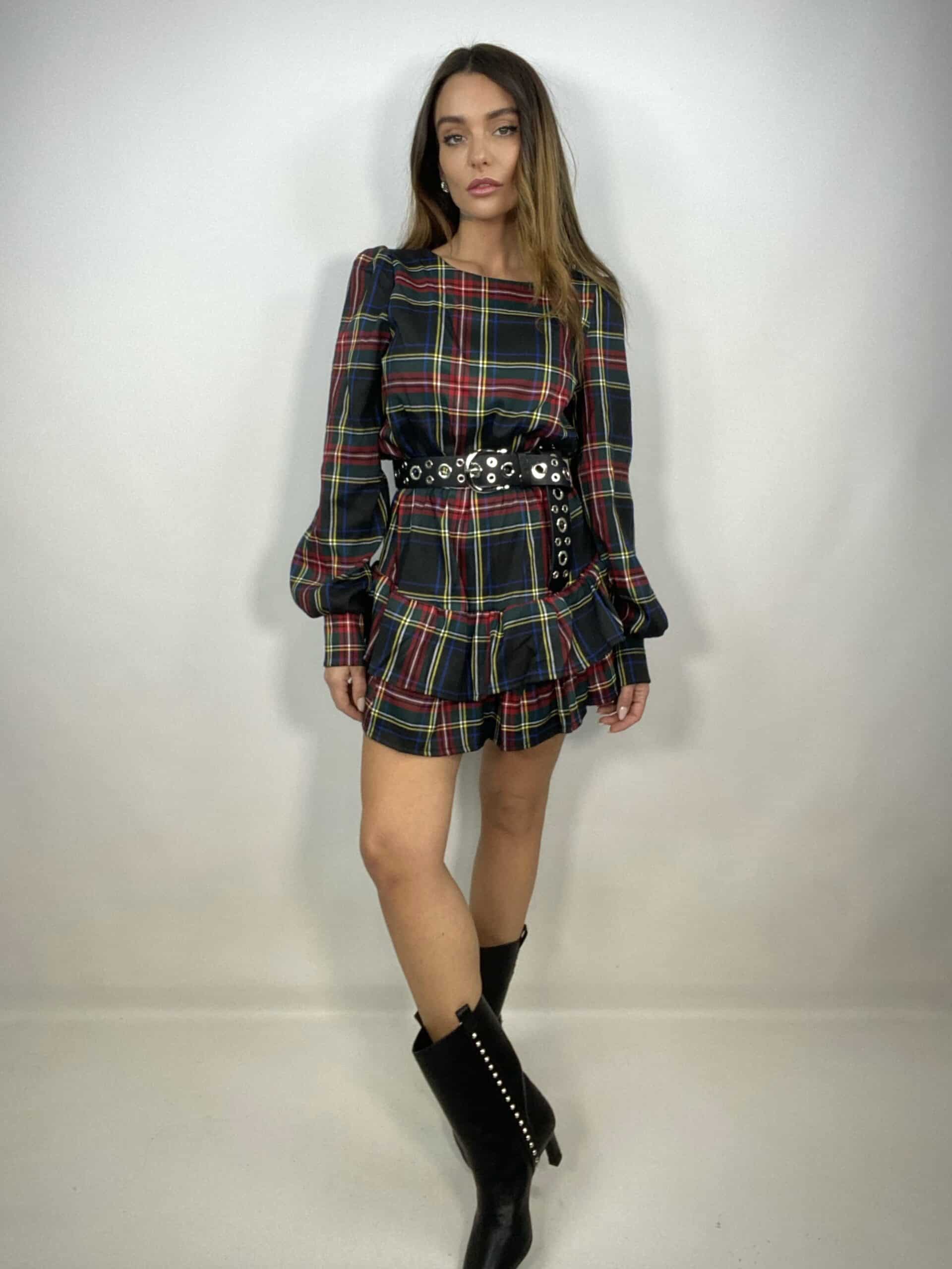 Mini Dress Tartan Con Balze - Nero.