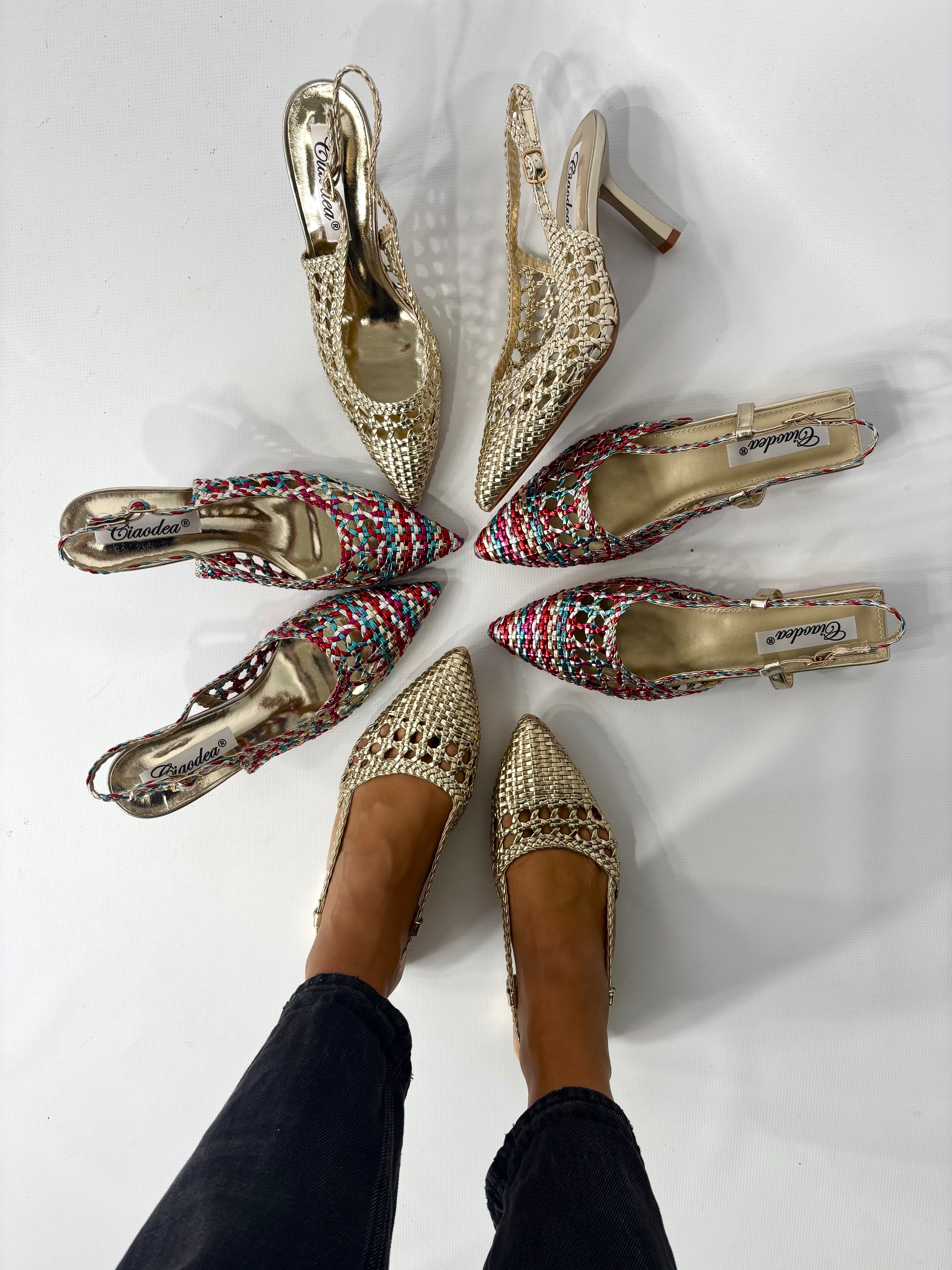 Slingback Flat Rafia - Multicolor Verde/ Fucsia