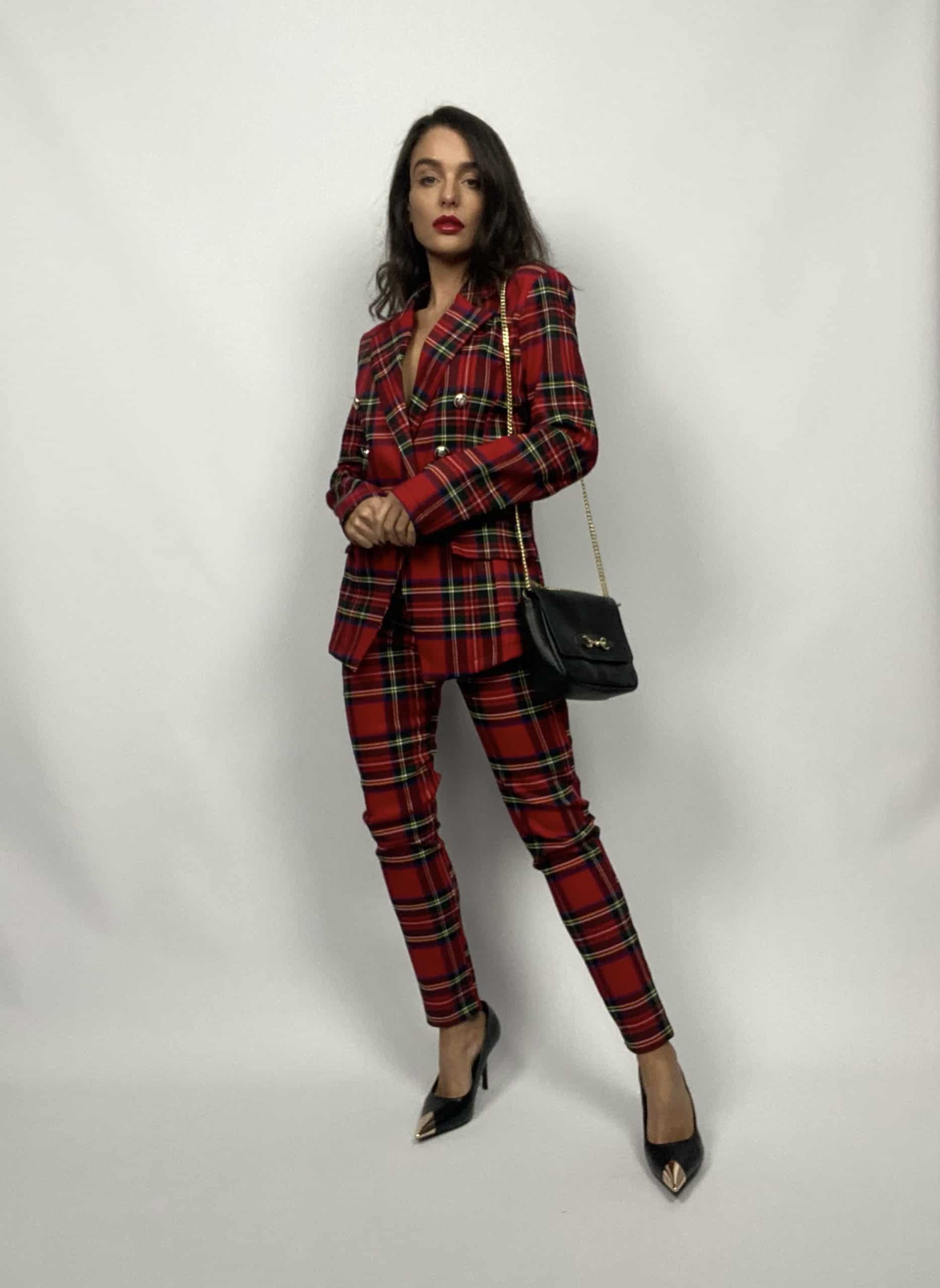 Blazer Tartan Bottoni Gioiello - Rosso