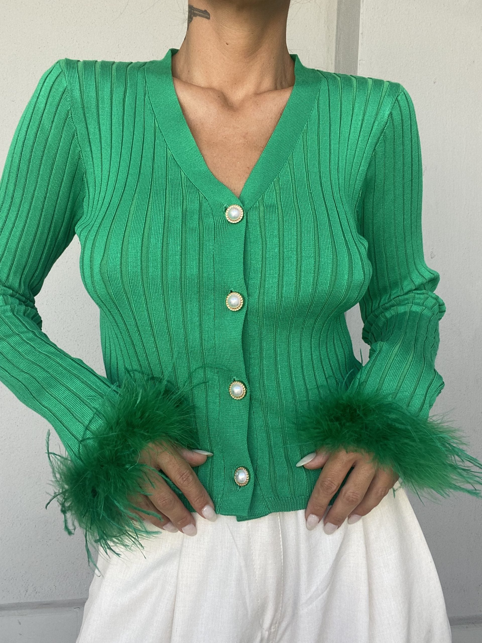 Cardigan Piume Bottoni Gioiello - Verde