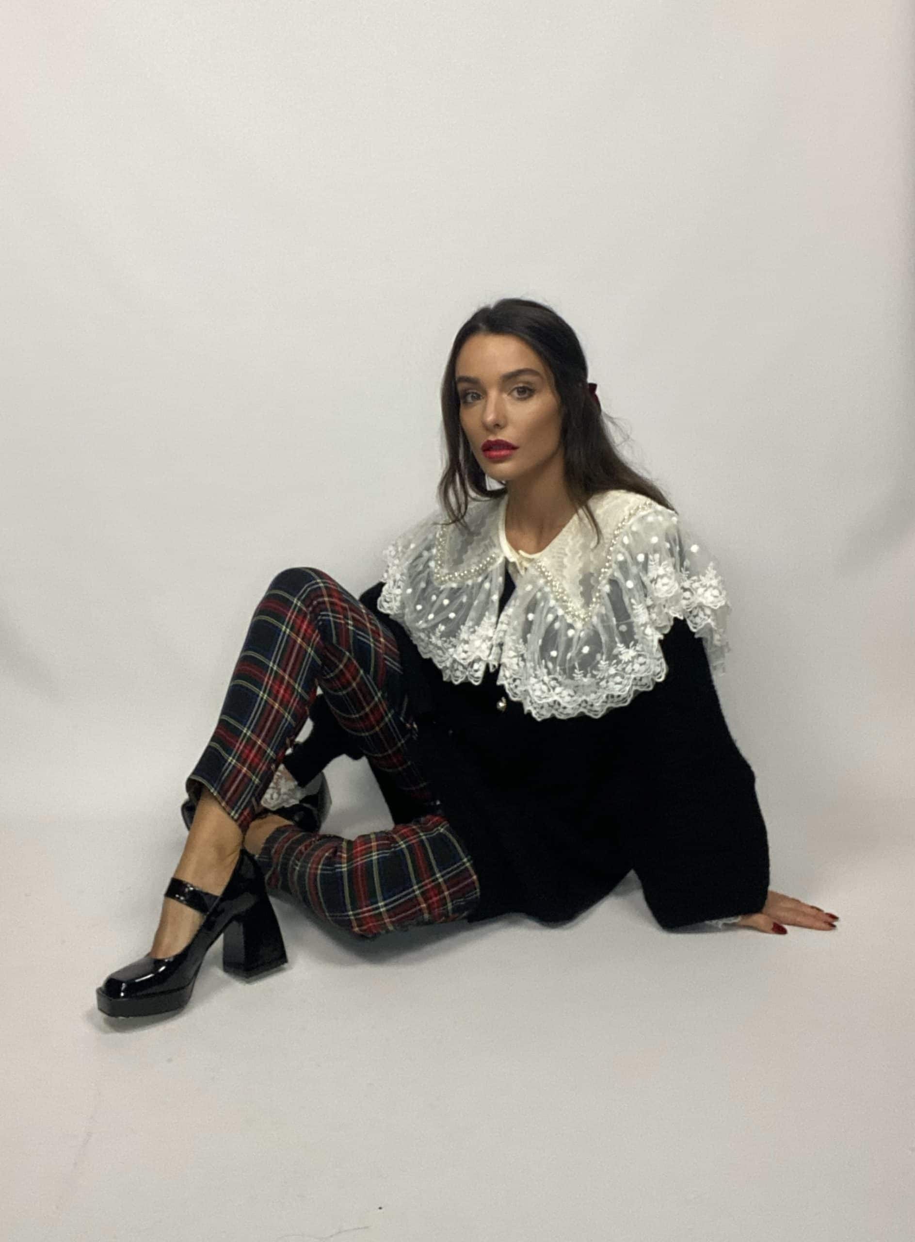 Pantaloni Tartan Bottoni Gioiello - Nero