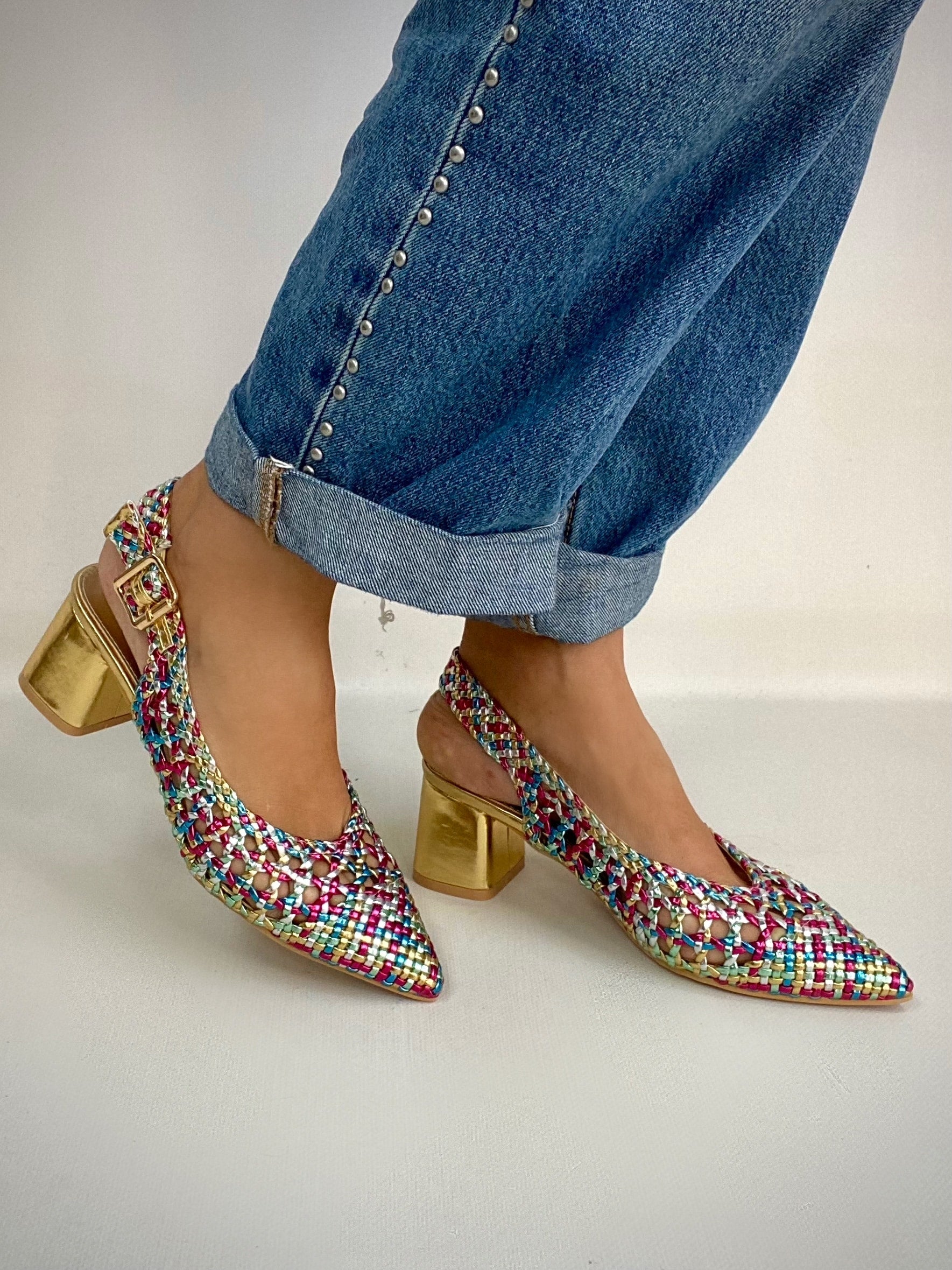 Slingback Rafia Comfort Medium Heels - Multicolor Verde / Fucsia
