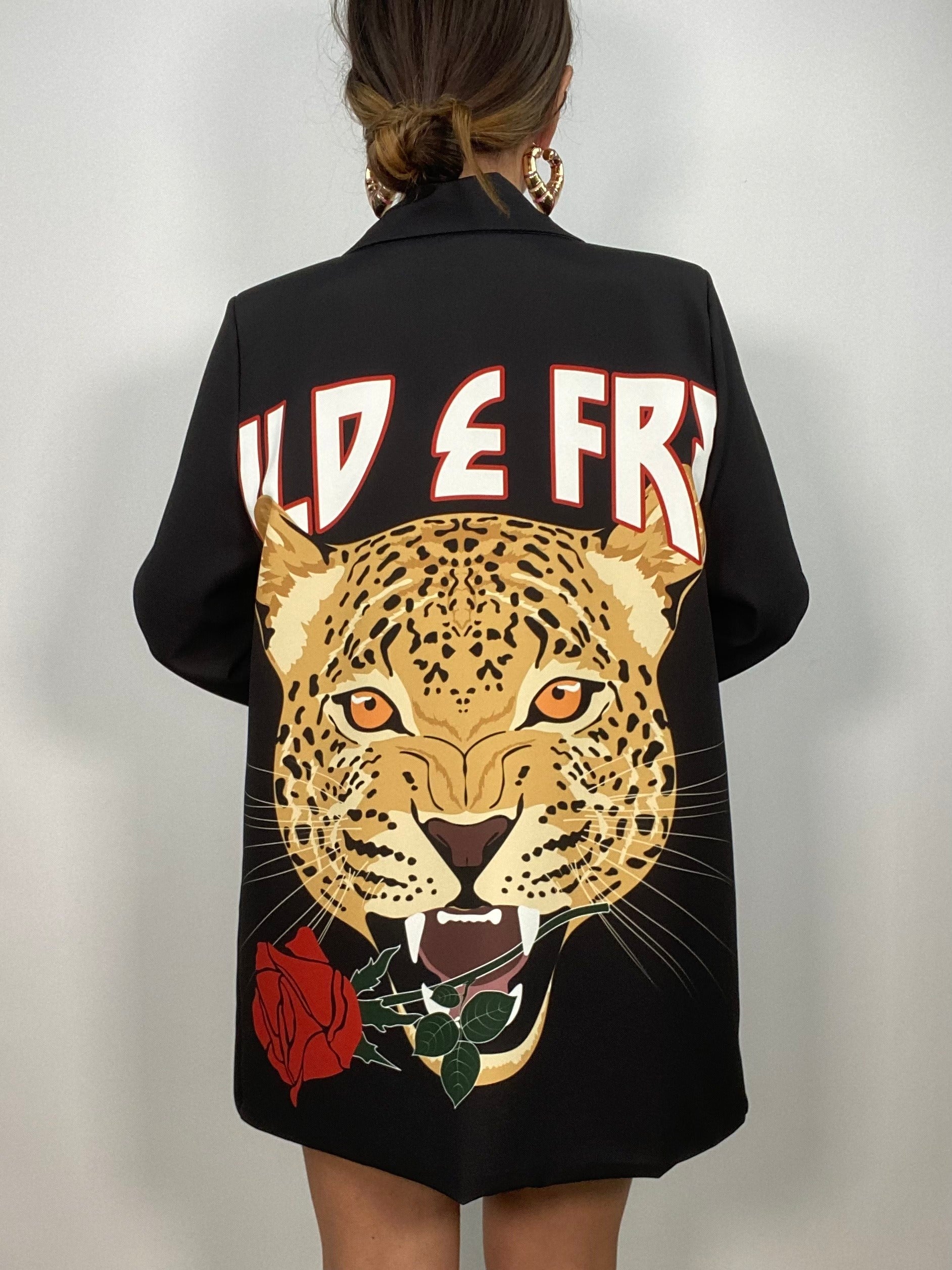 Blazer Oversize Stampa Leopardo con Rosa Rossa - Nero