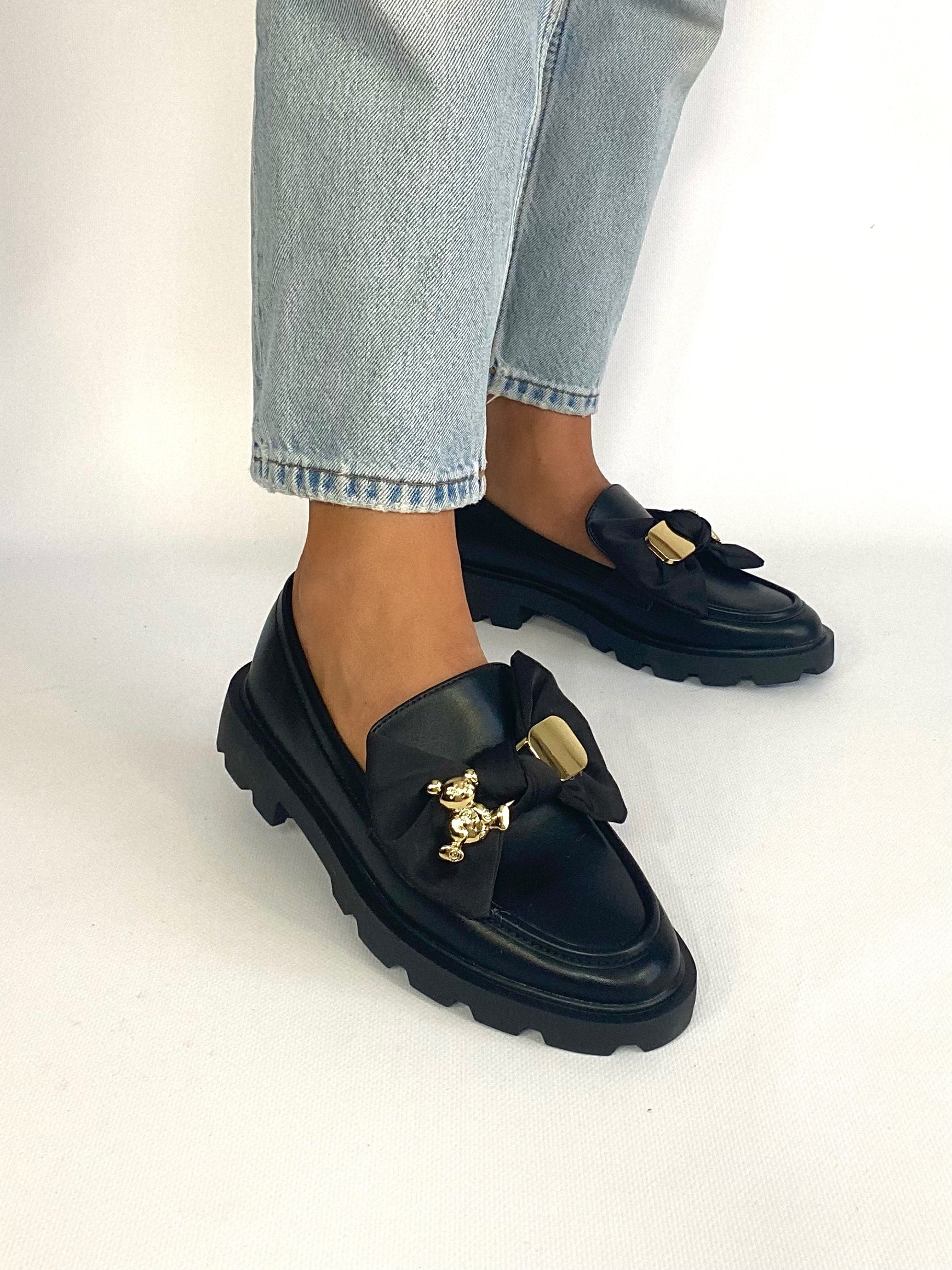 Mocassino Platform con Fiocco ed Orsetto -Nero