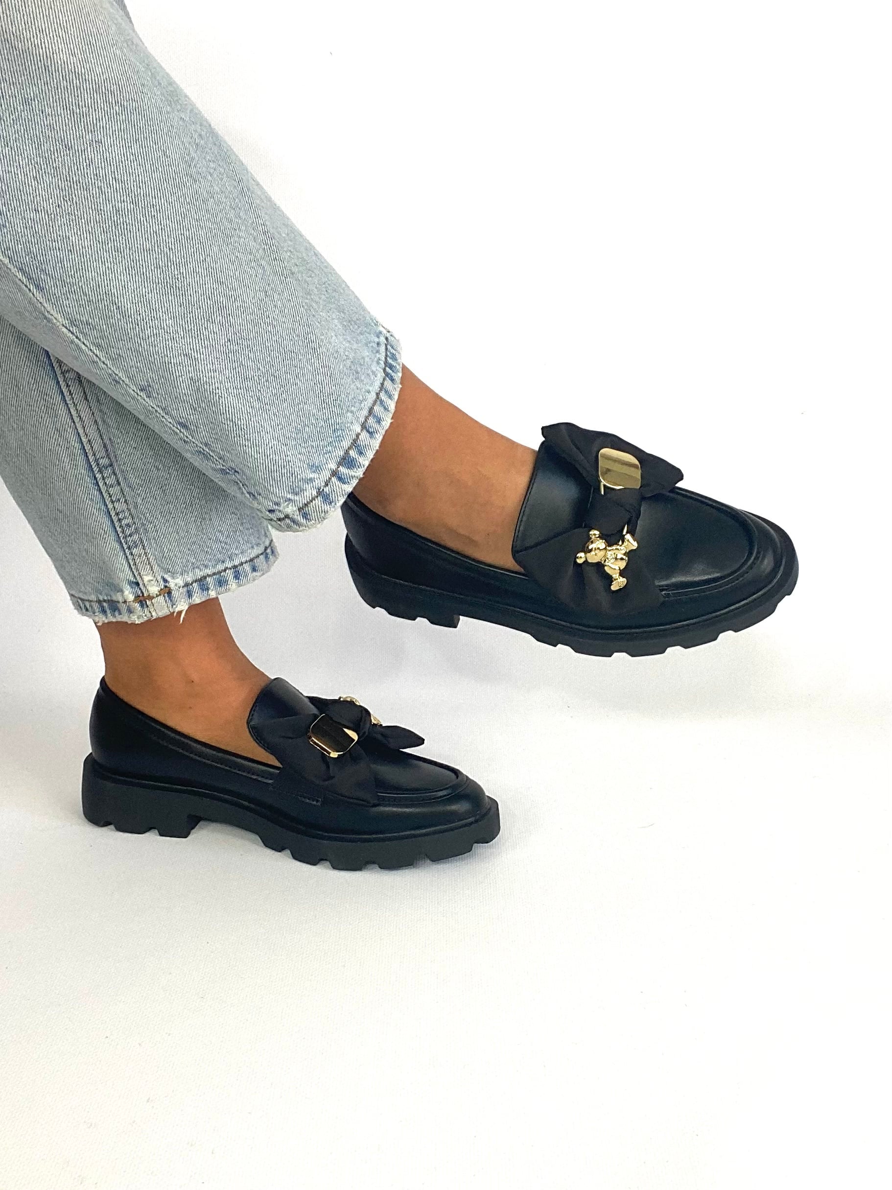 Mocassino Platform con Fiocco ed Orsetto -Nero