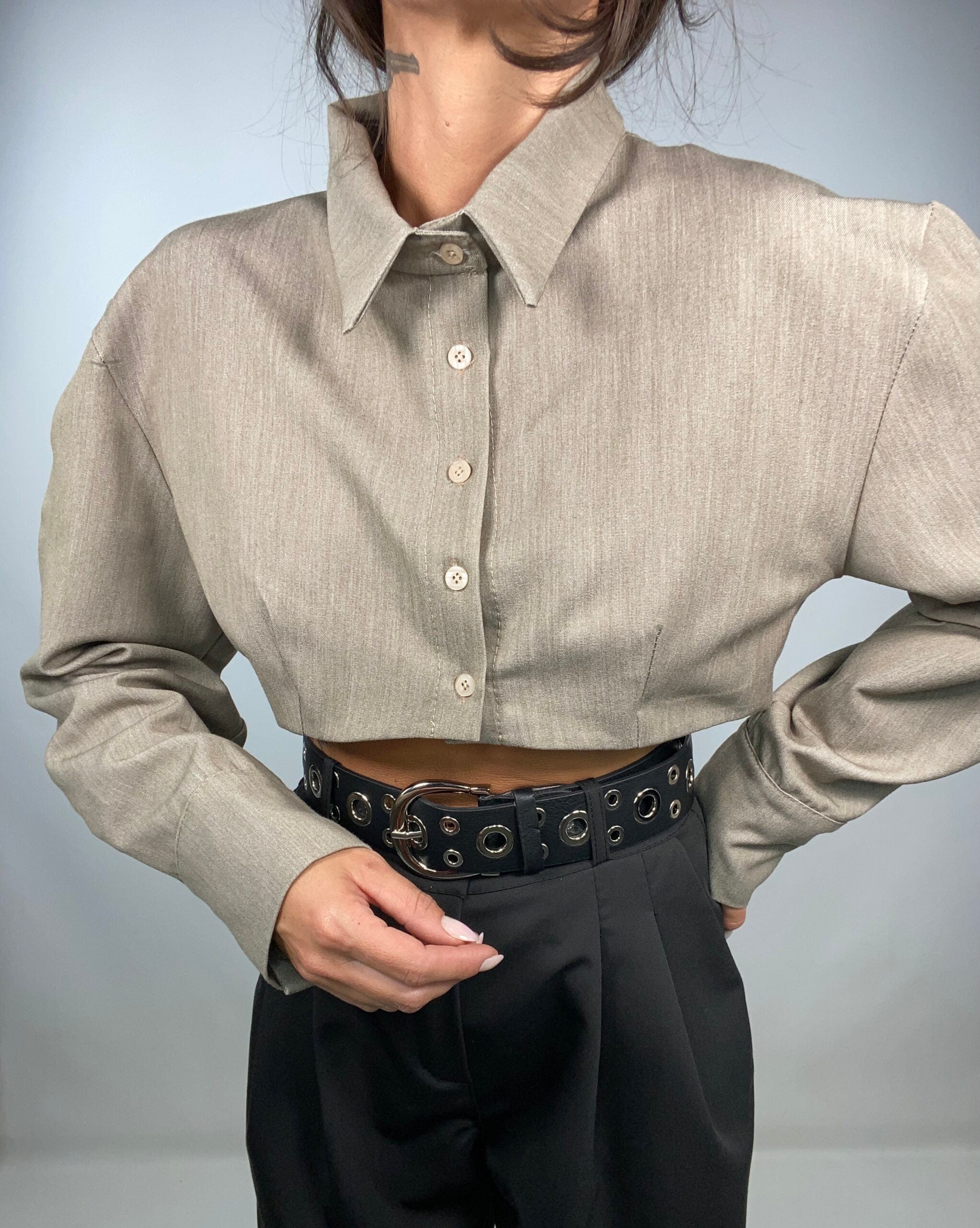 Camicia Crop con Cravatta - Beige