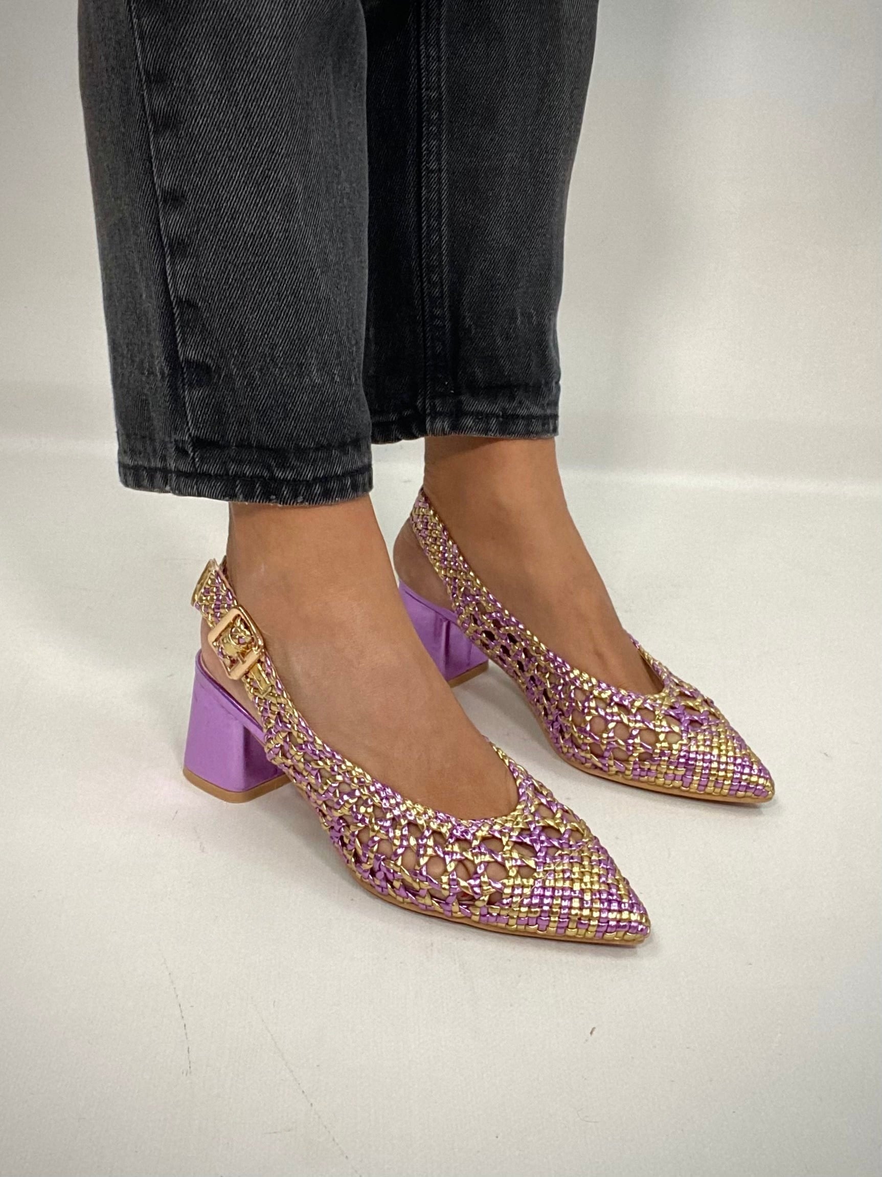Slingback Rafia Comfort Medium Heels - Bicolor Lilla / Oro