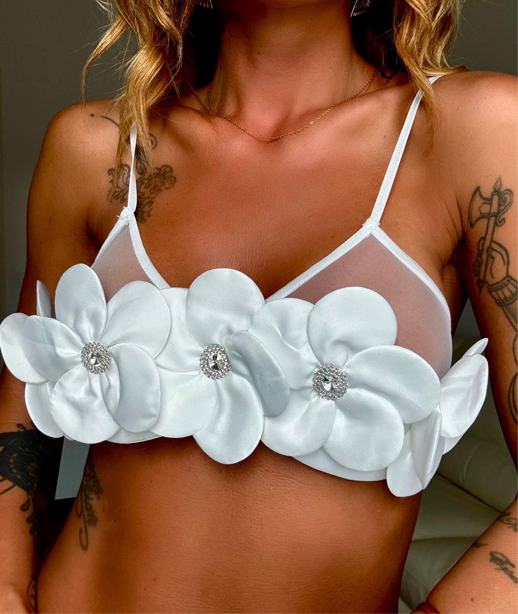 Bralette Fiori con Pietre - Bianco