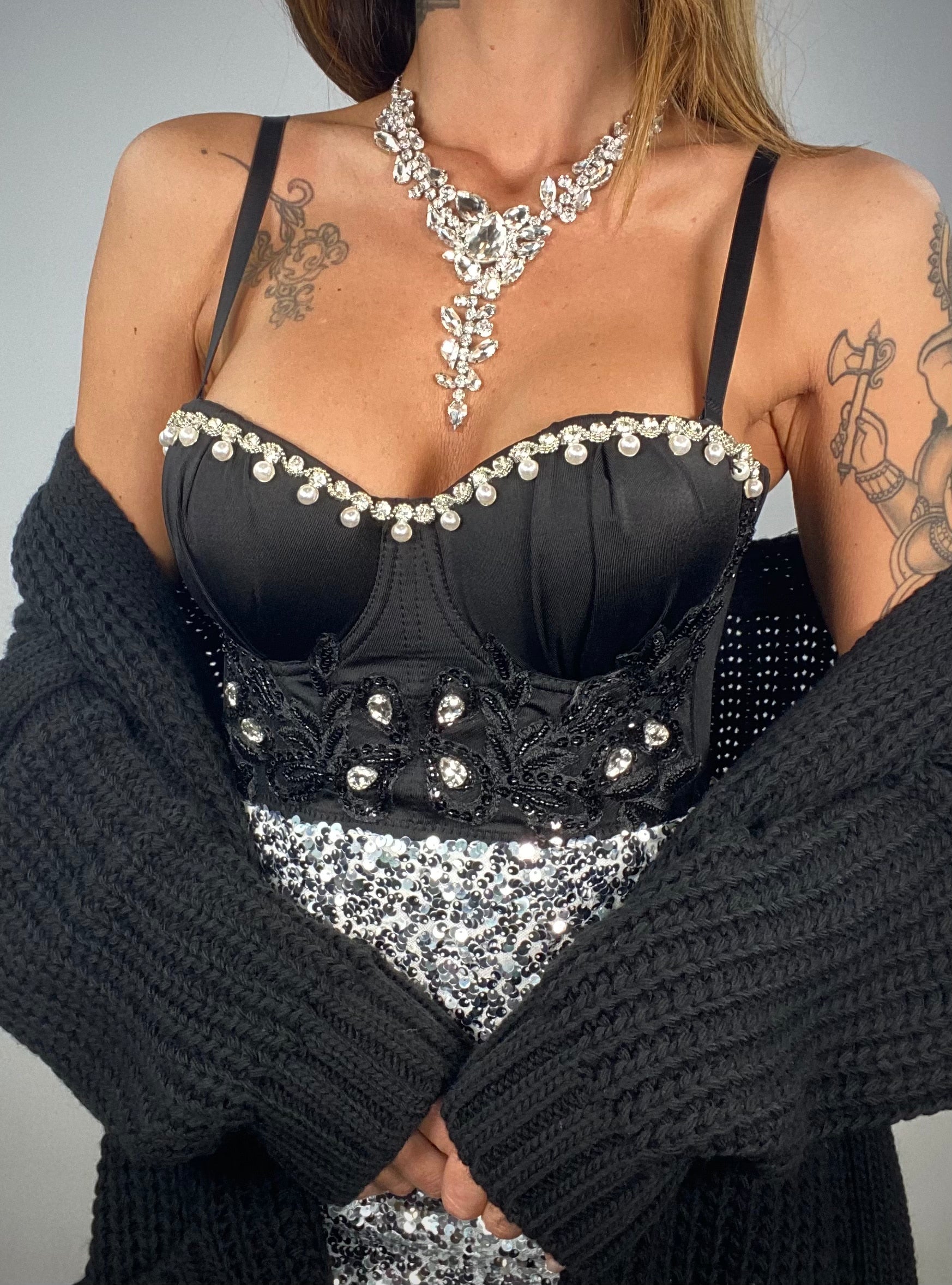 Corsetto Luxury Pietre e Perle- Nero