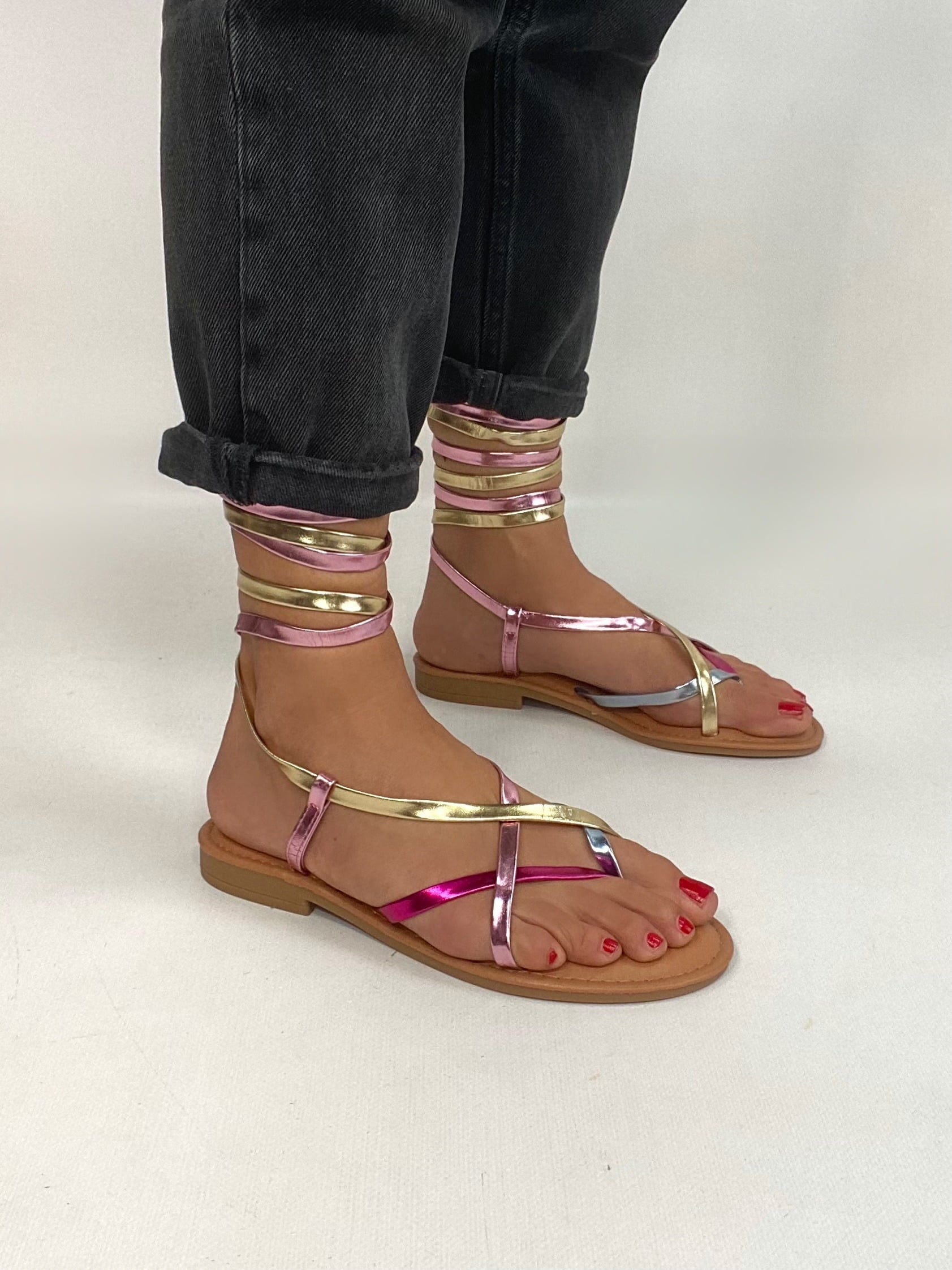 New Sandali Flat Alla Schiava - Multicolor Oro / Fucsia