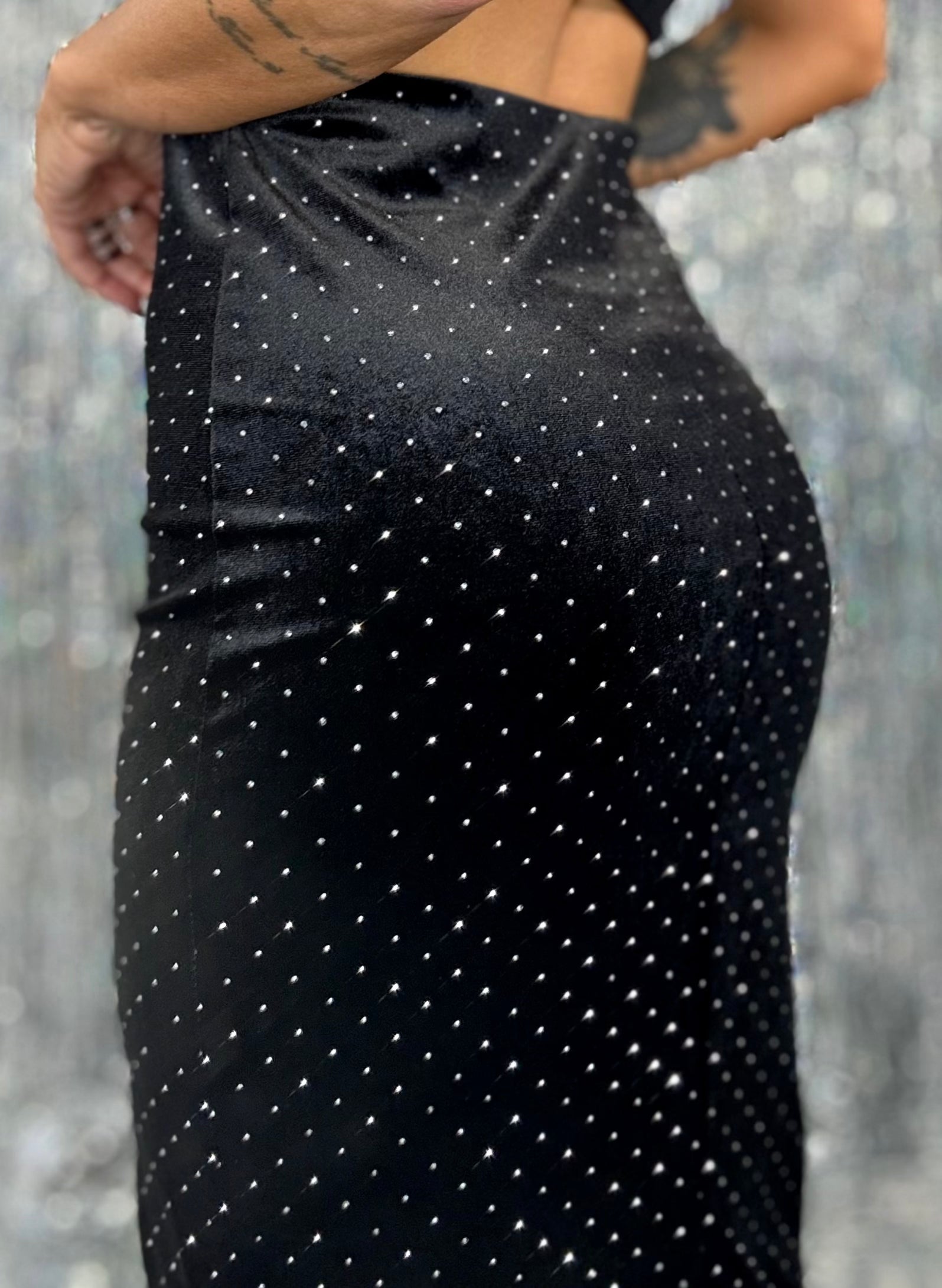 Gonna Midi Velluto Strass- Nero