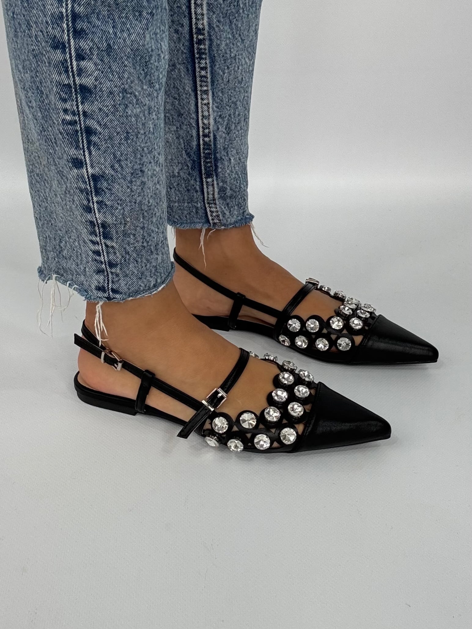 Slingback Flat Pietre - Nero