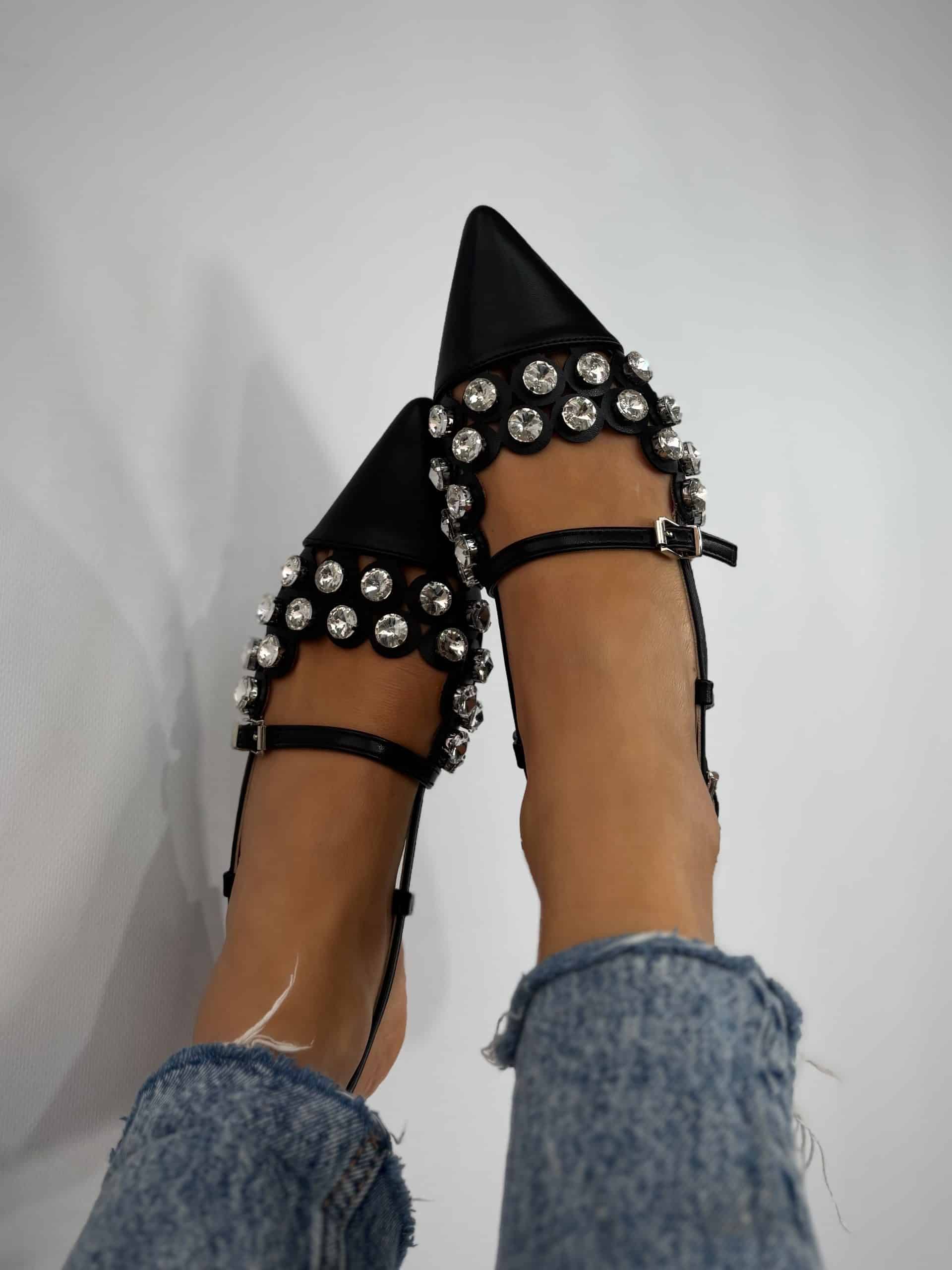 Slingback Flat Pietre - Nero
