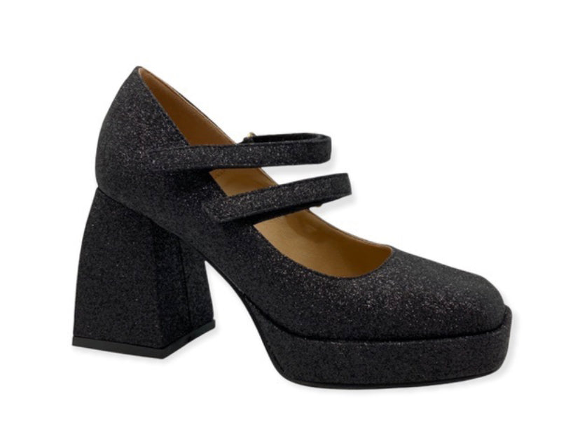 Mary Jane Shine Doppio Cinturino - Glitter Nero