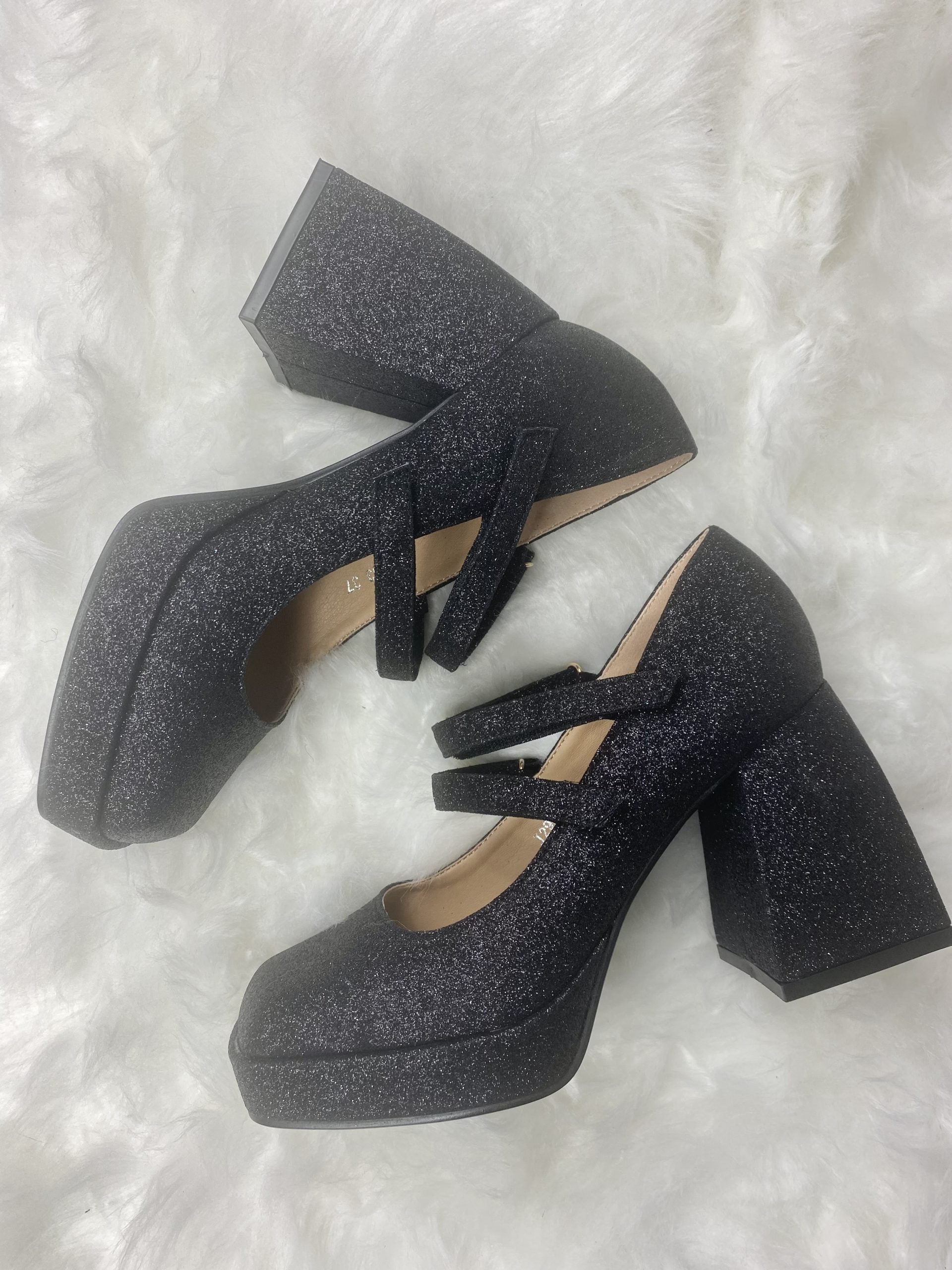 Mary Jane Shine Doppio Cinturino - Glitter Nero