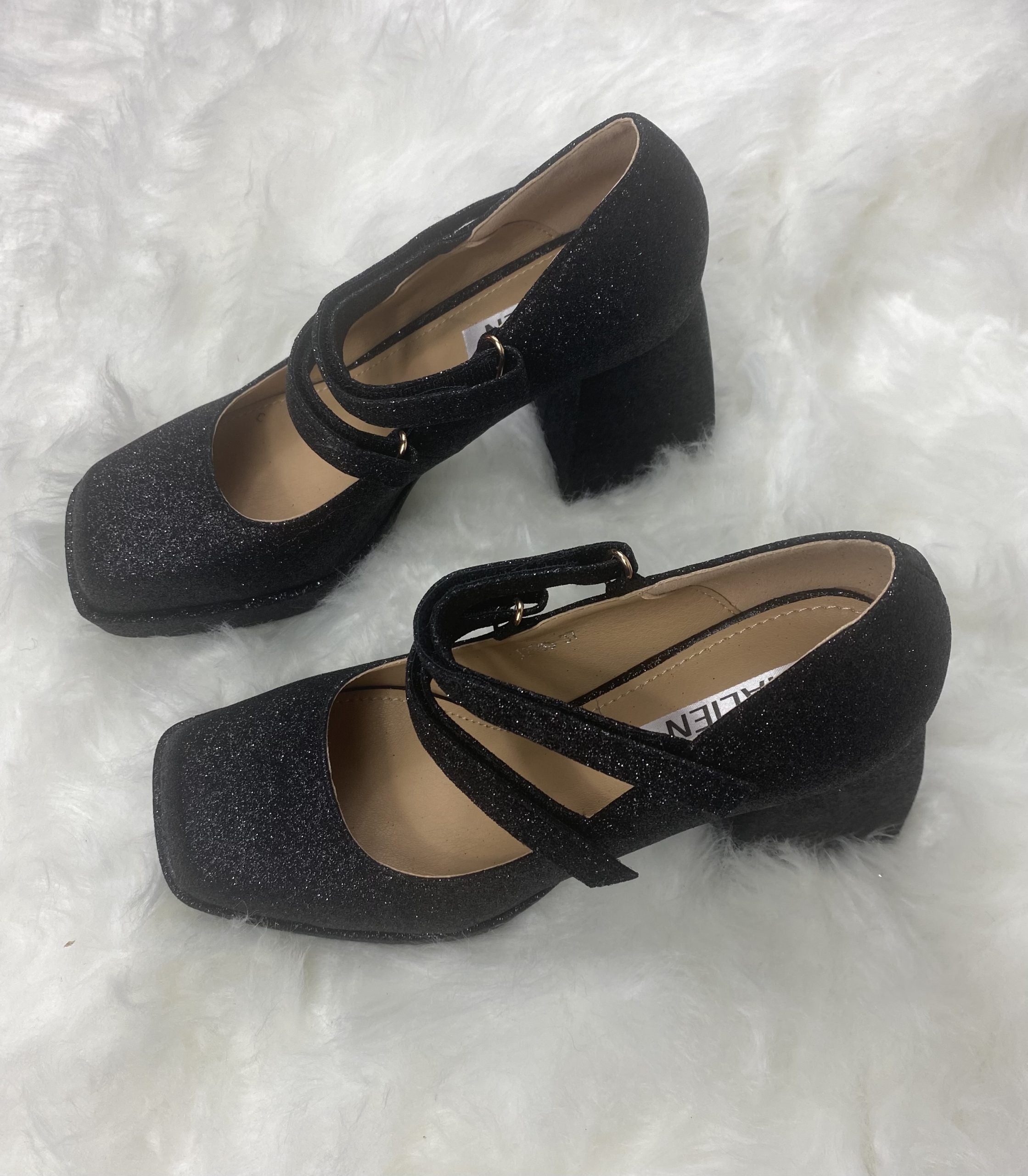 Mary Jane Shine Doppio Cinturino - Glitter Nero