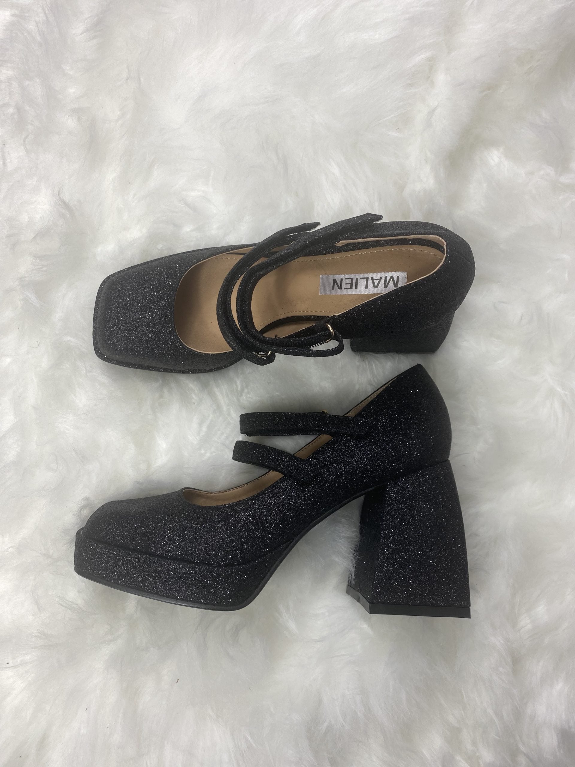 Mary Jane Shine Doppio Cinturino - Glitter Nero