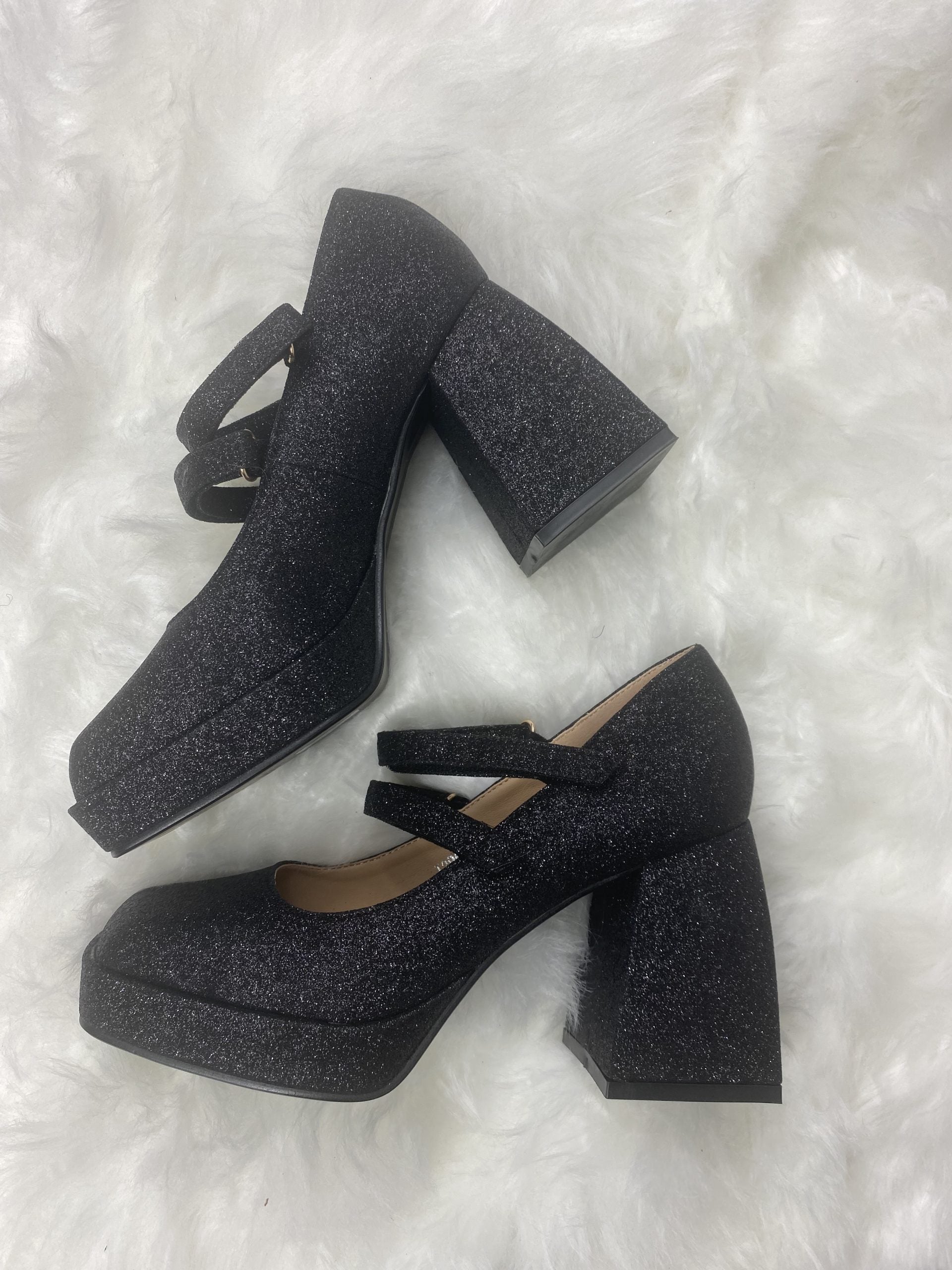 Mary Jane Shine Doppio Cinturino - Glitter Nero