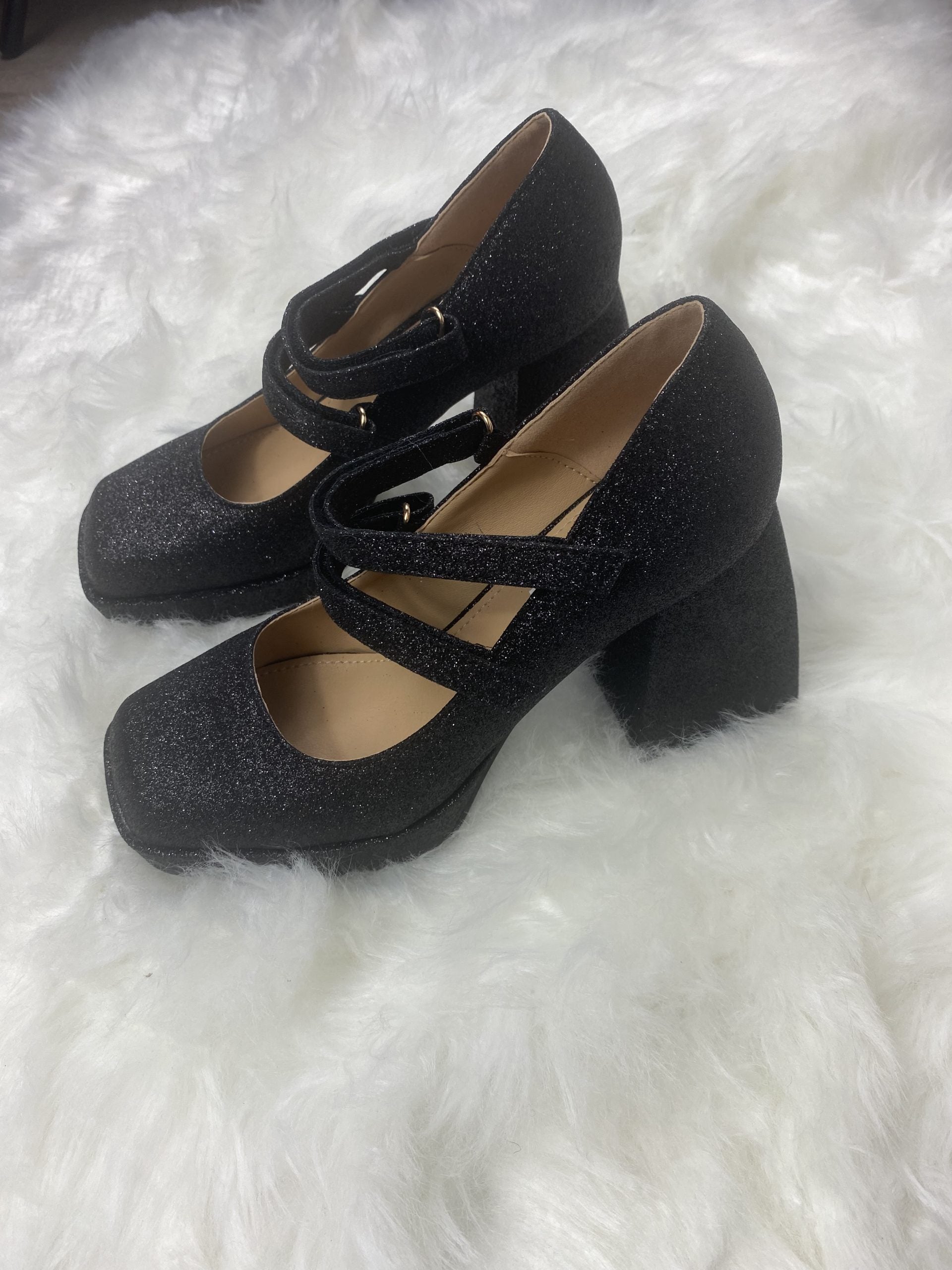 Mary Jane Shine Doppio Cinturino - Glitter Nero